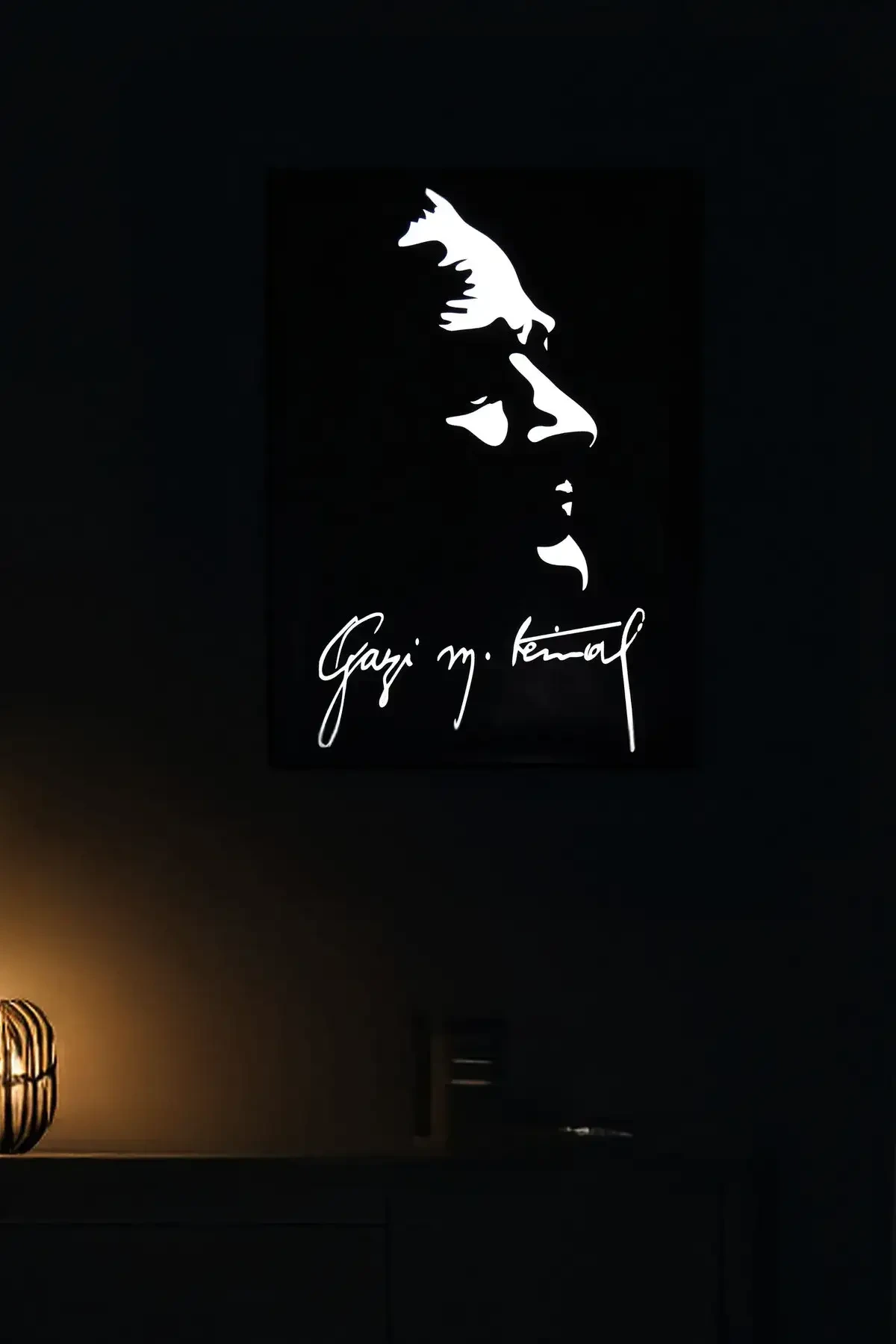 Ataturk Painting, Ataturk Painting Signed by Gazi Mustafa Kemal Reflected in the Dark on Reflective Leather