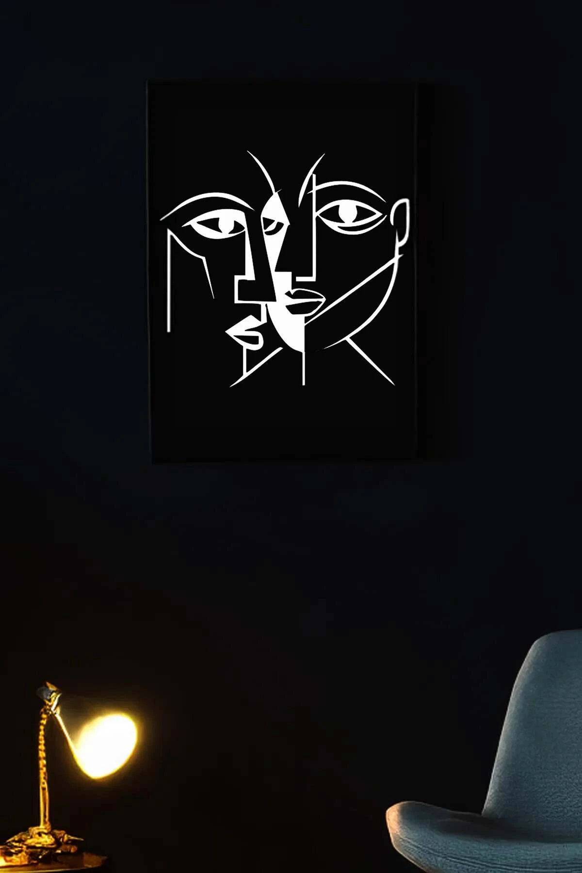 Cubism Abstract Faces with Reflectors on Skin, Reflective Painting Reflected in the Dark