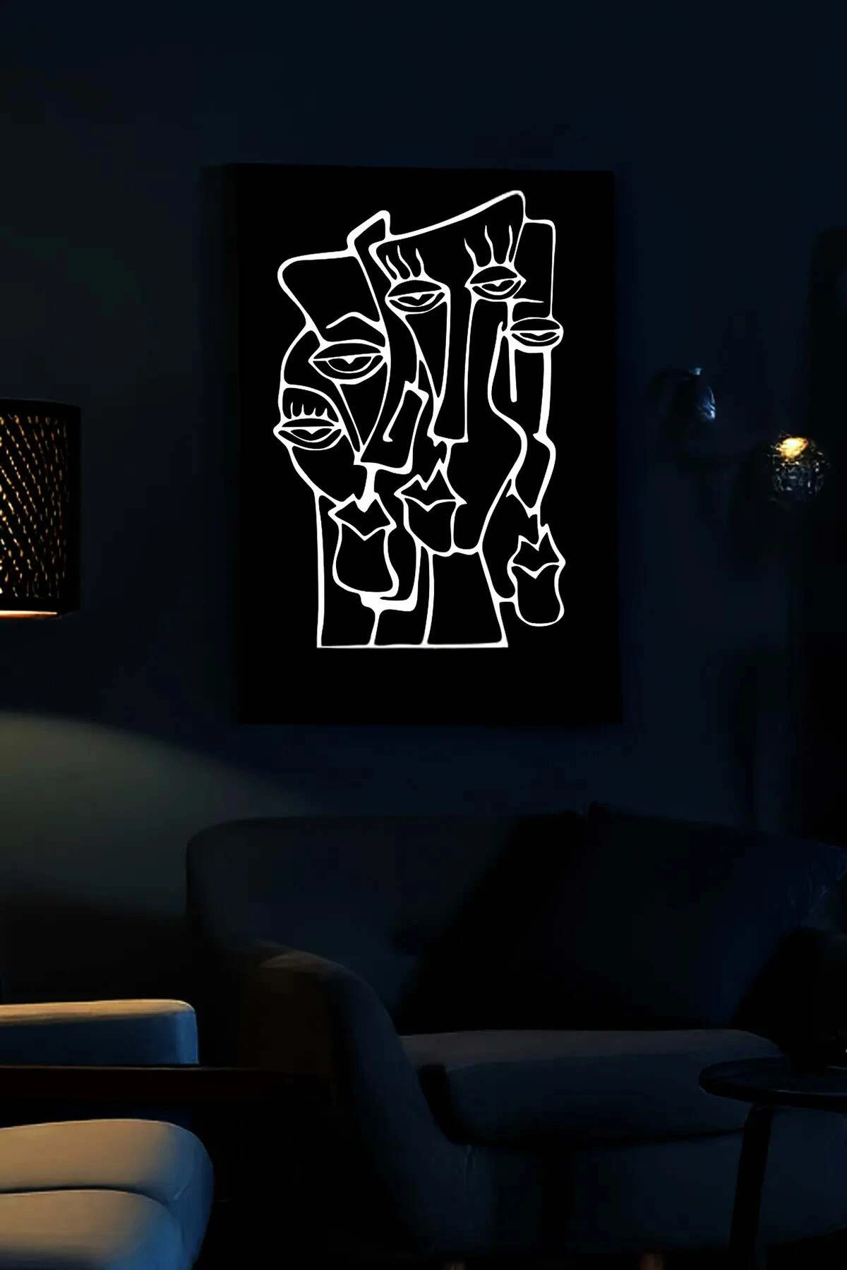 Abstract Faces on Reflective Leather, Stylish Painting Reflected in the Dark