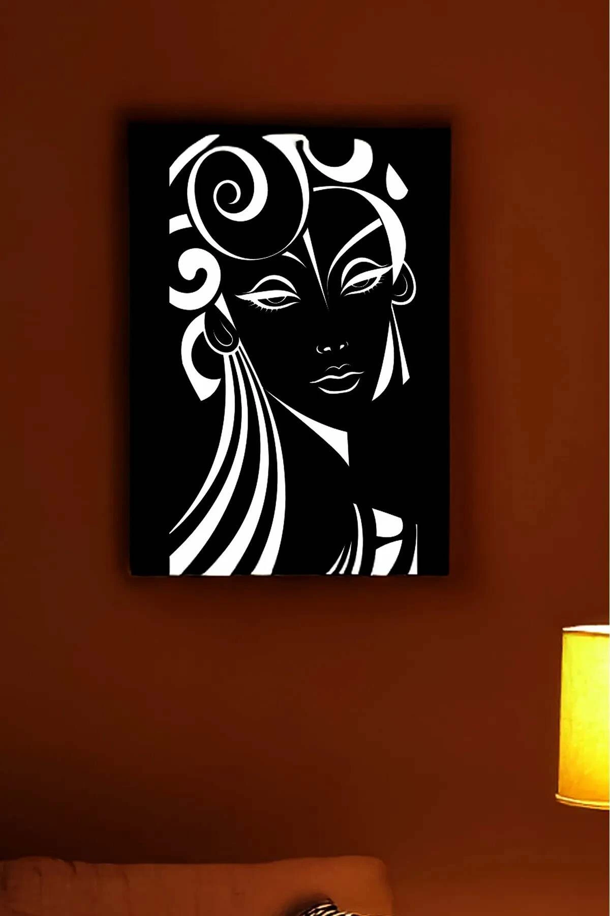 Modern Painting with Reflective Stylized Female Figure and Black Leather Background