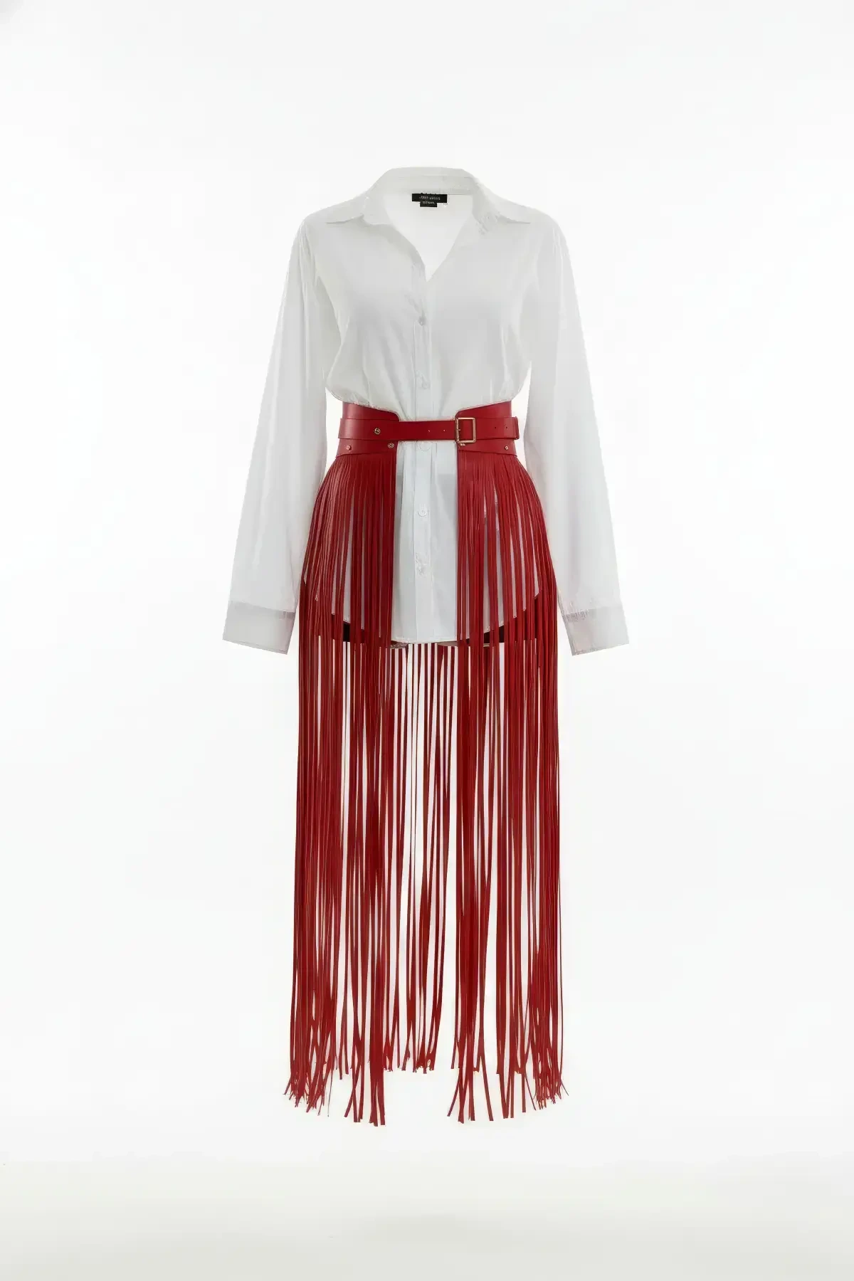 Red Skirt with Leather Tassels and Long Maxi Belt - APFT1003