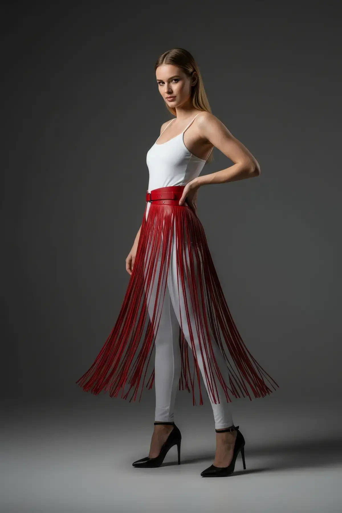 Red Skirt Long Tassel Detailed Skirt Faux Leather Skirt - APFT1003