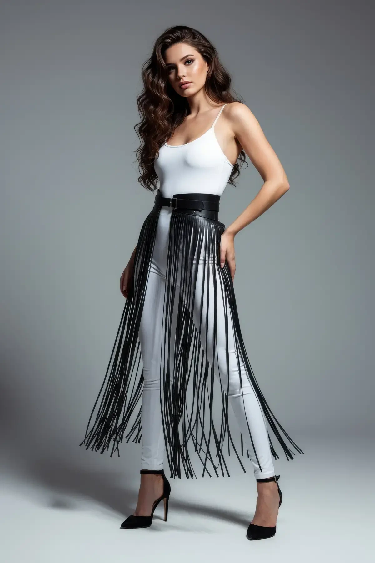 Black Skirt Faux Leather Skirt Long High Waist Skirt with Tassels - APFT1003