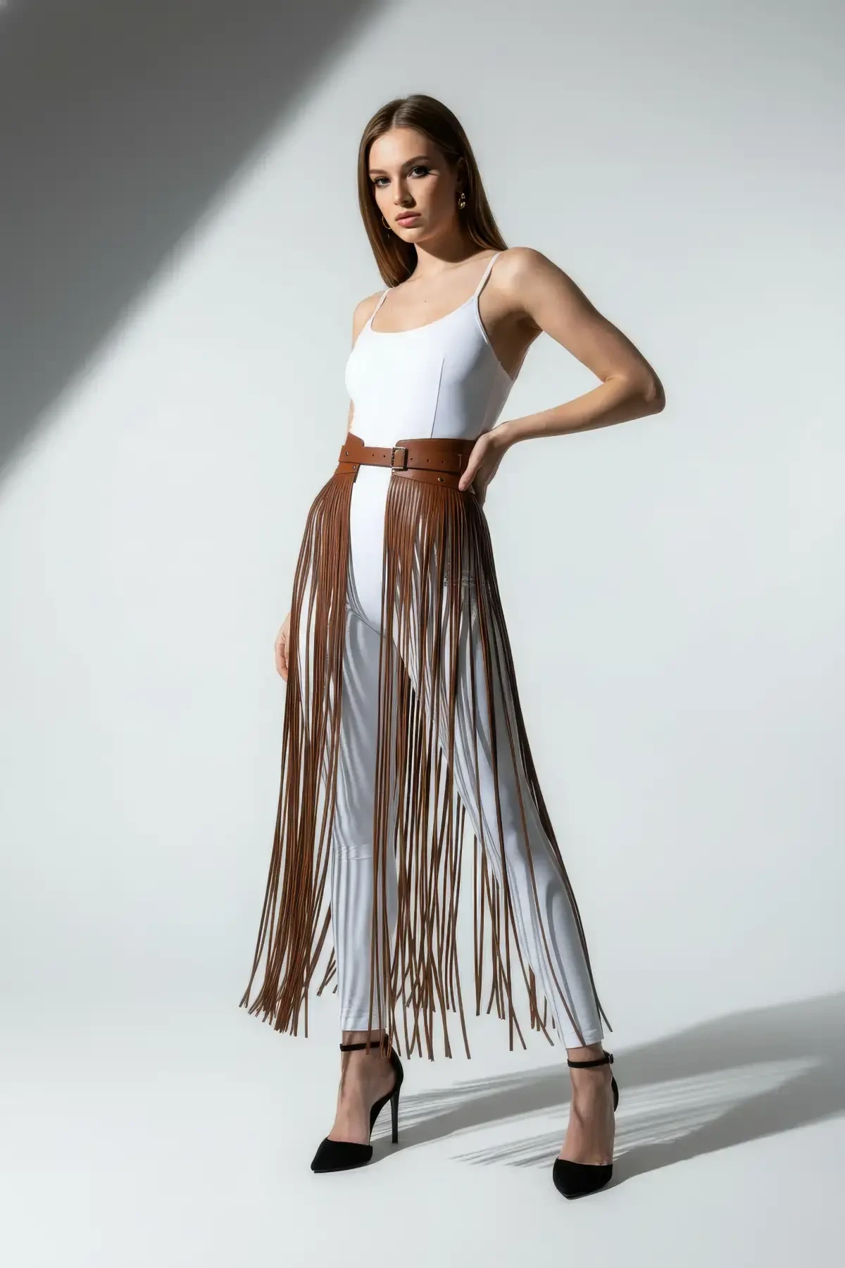Brown Skirt Thick Belt Long Skirt with Rope Detail - APFT1003