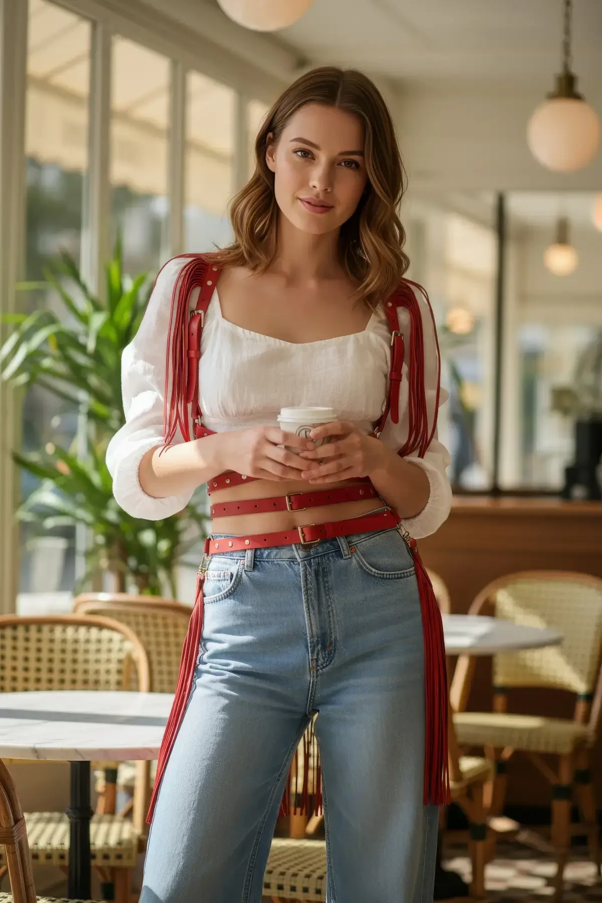 Kırmızı Kadın Kemer Zımbalı Omuz Detaylı Vücut Aksesuarı - APFT1005