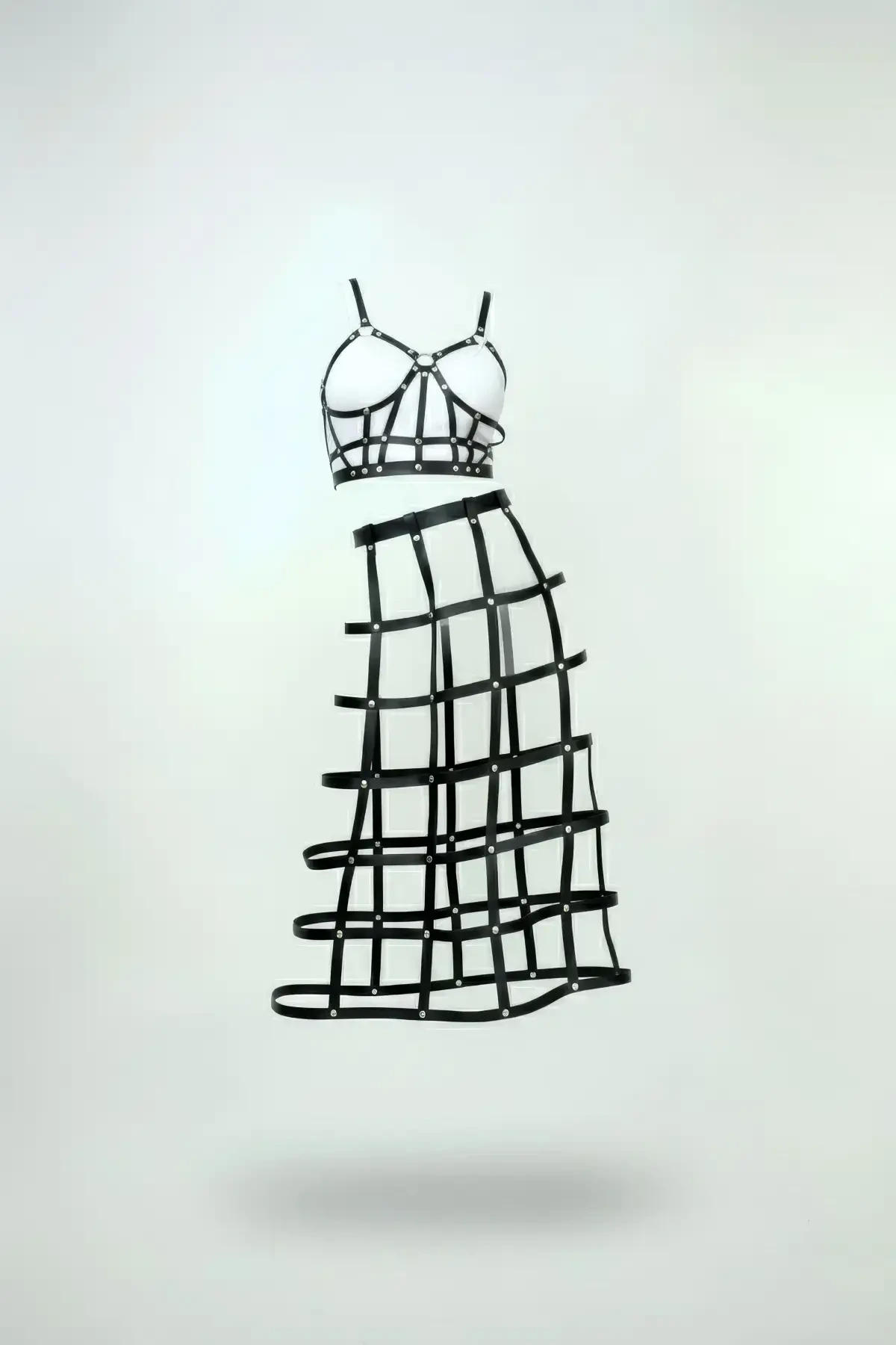 Black Skirt Faux Leather Skirt Cage Detailed Skirt Midi Length Leather Skirt - APFT1013