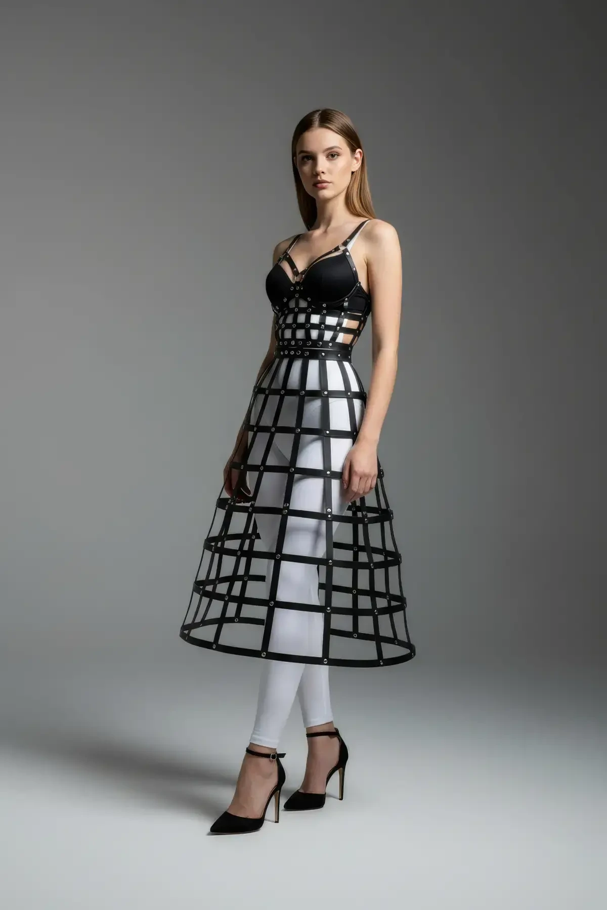 Black Women's Skirt Faux Leather Skirt Cage Structure Midi Length Leather Skirt - APFT1013