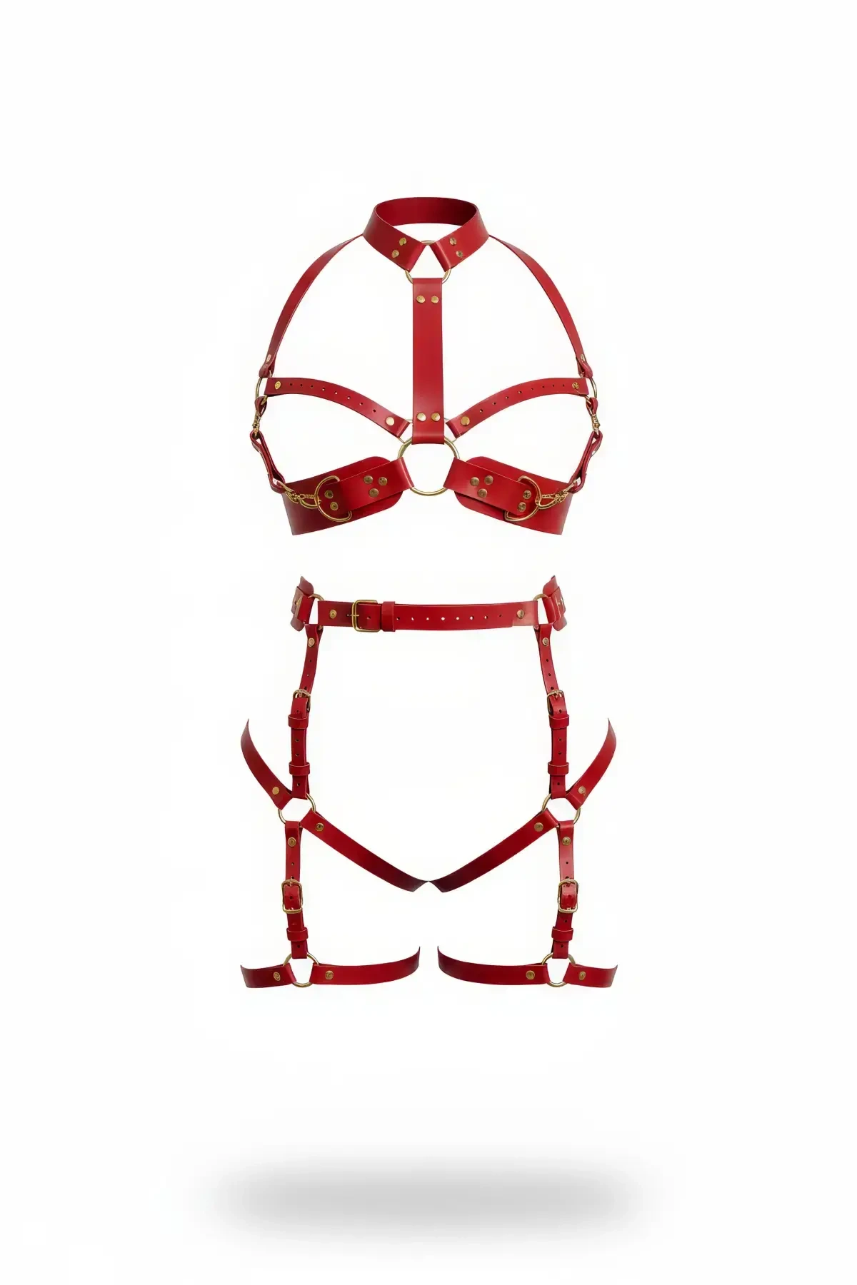 Kırmızı Harness Takım Altın Tokalı Zincir Detaylı Deri Set - APFT1016