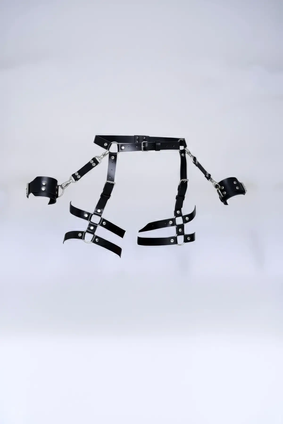 Black Thong - Panties, Multiple Belts, Metal Detailed, Ankle Cuffed Garter - APFT1022