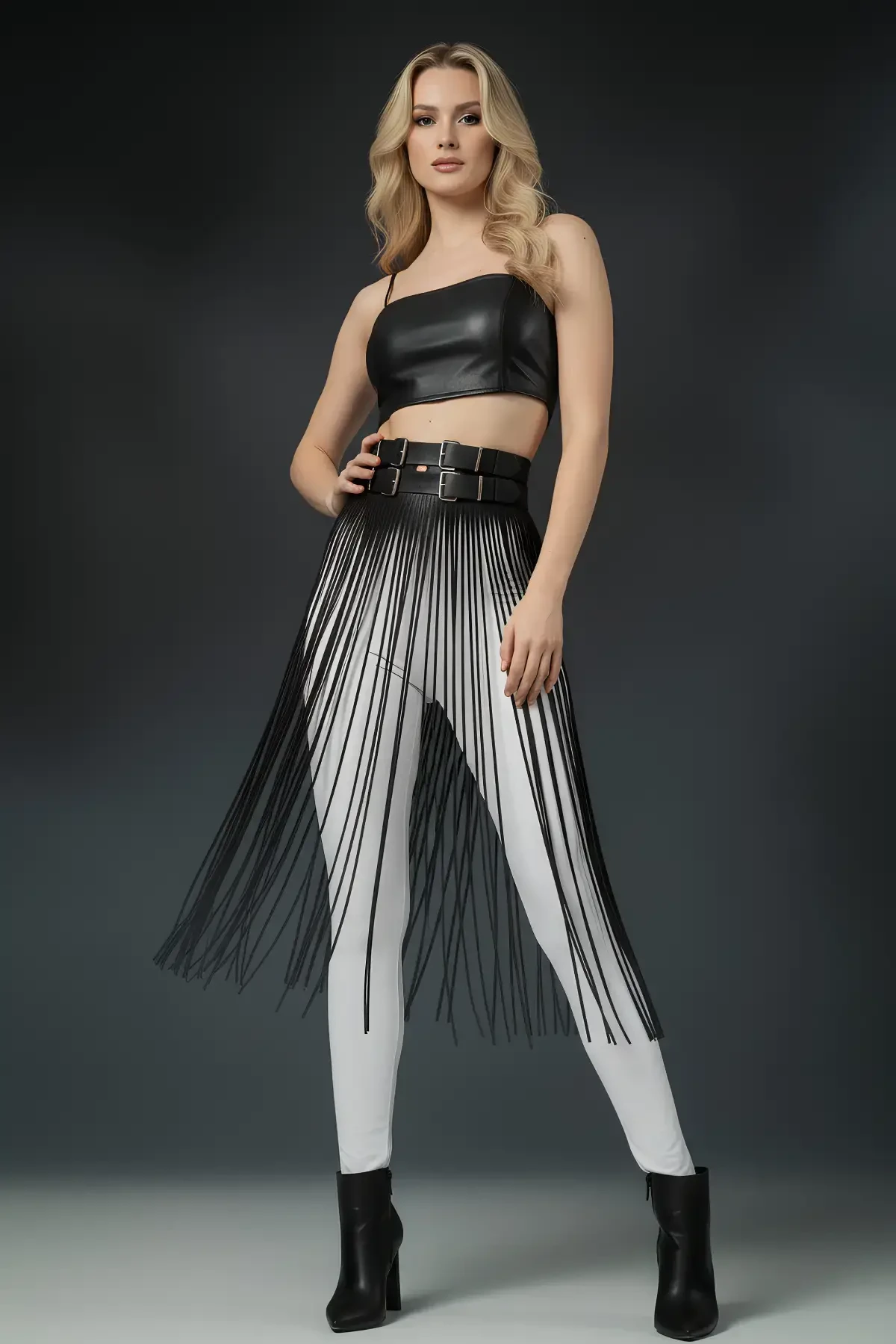 Black Skirt Leather High Waist Skirt Double Buckle Long - APFT1090