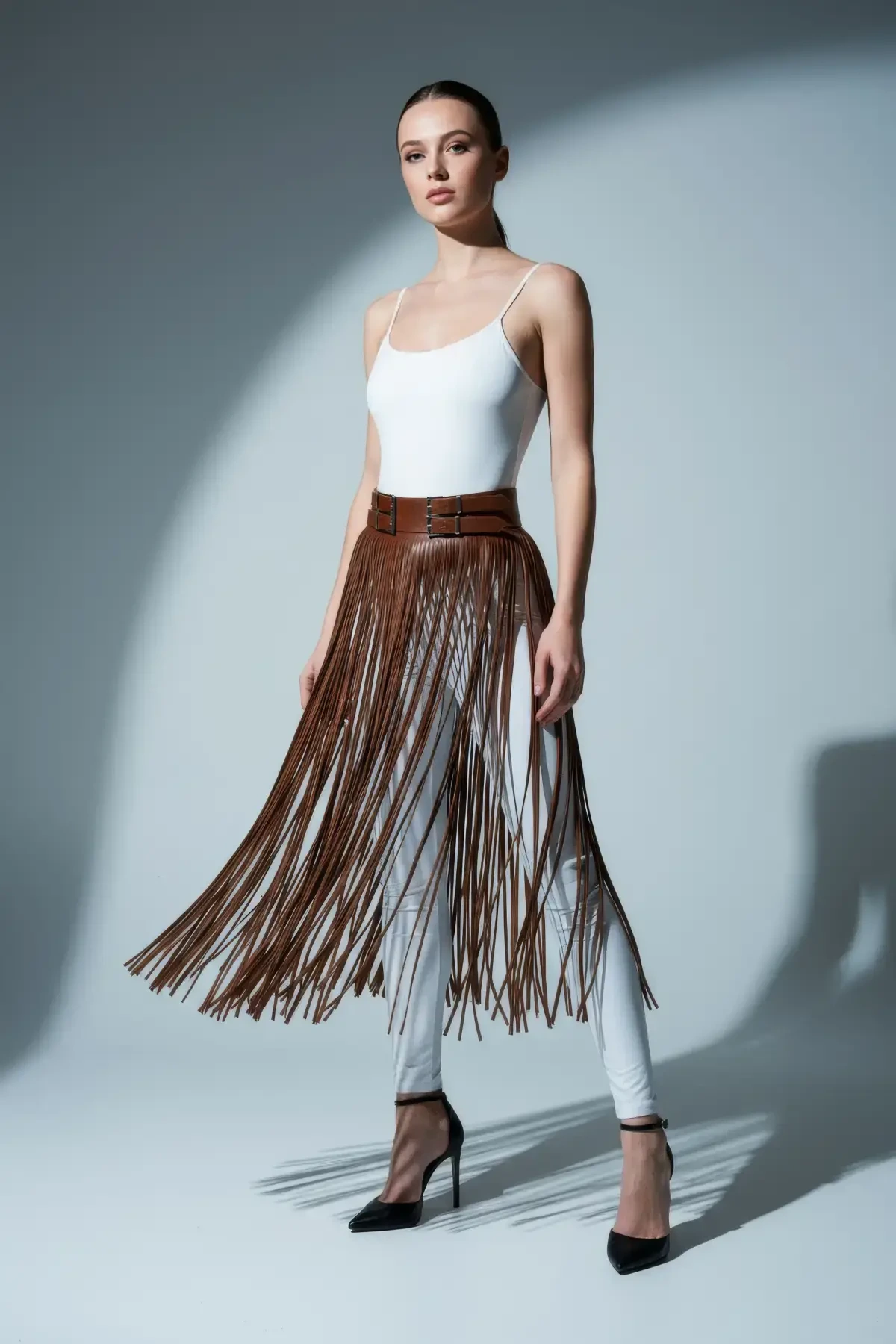 Brown Skirt Leather Look Tasseled High Waist Skirt - APFT1090