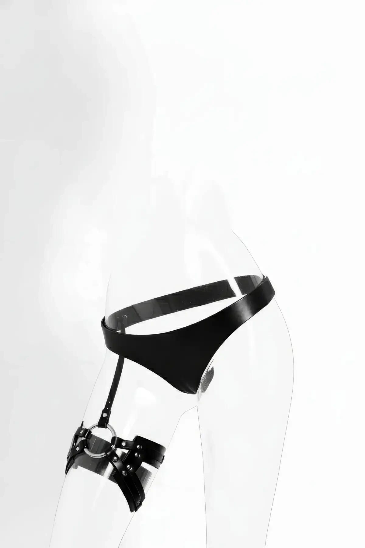 Black Thong - Panties with Leather Metal Ring Detail - APFT1156