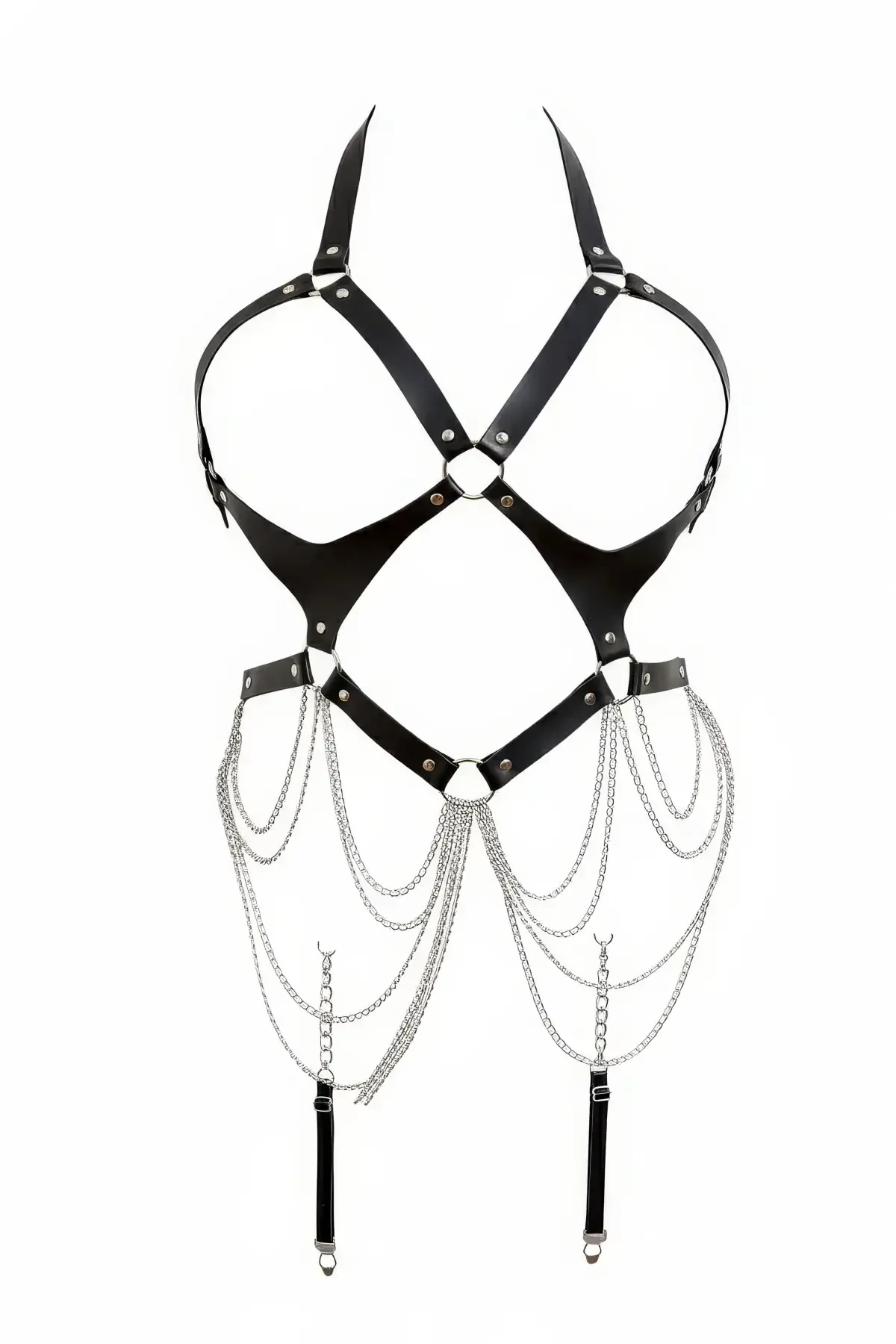Black Body Harness Faux Leather Body Accessory with Chain Detail - APFT1161