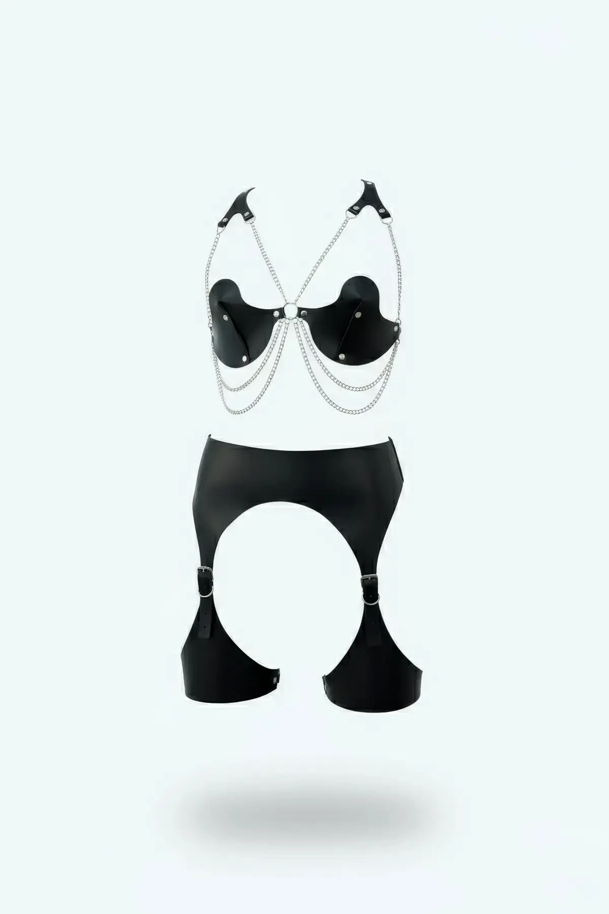 Siyah Harness Takım Zincir Detaylı Suni Deri Jartiyerli - APFT1221
