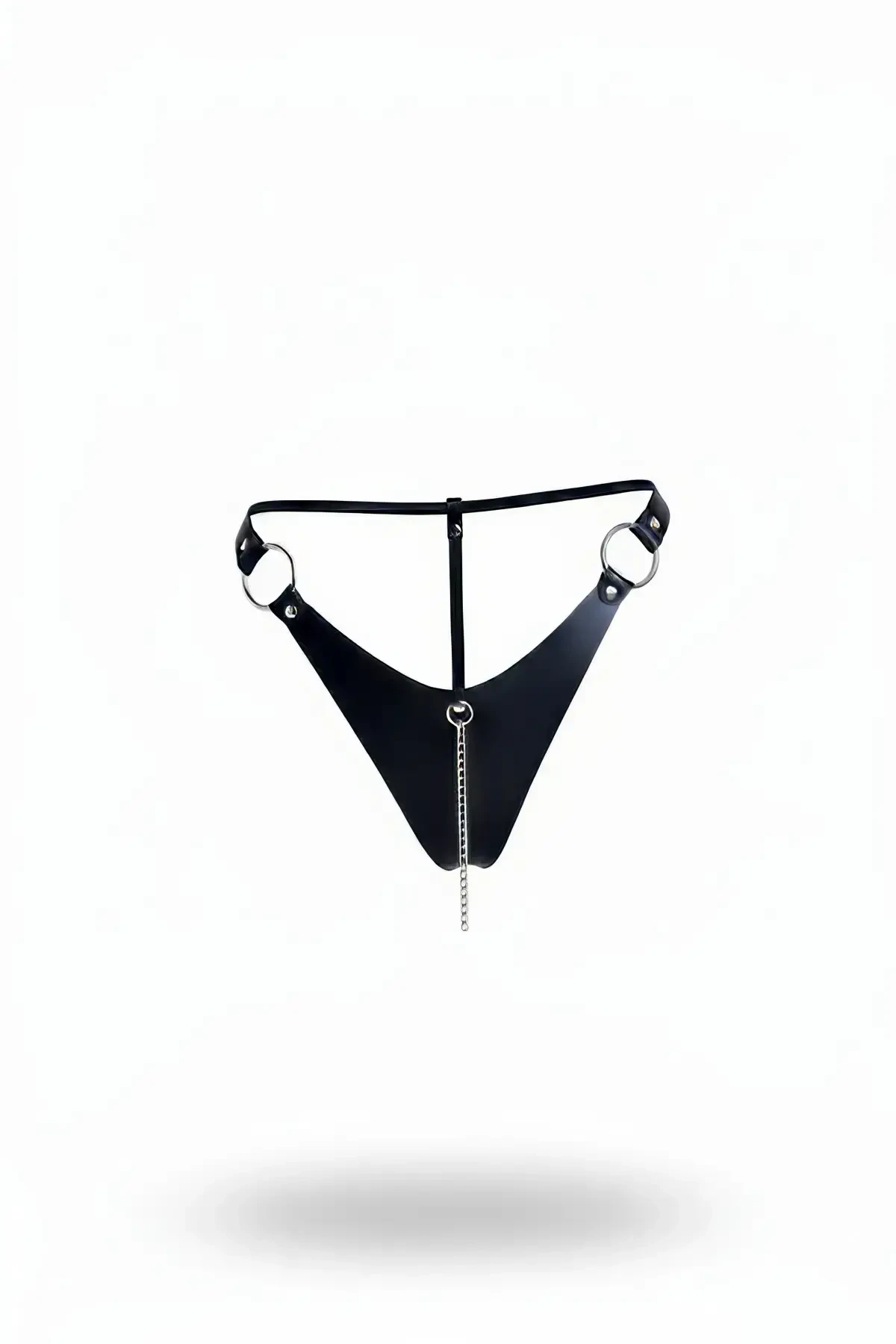 Black Thong - Panties Leather with Metal Ring Chain - APFT1275