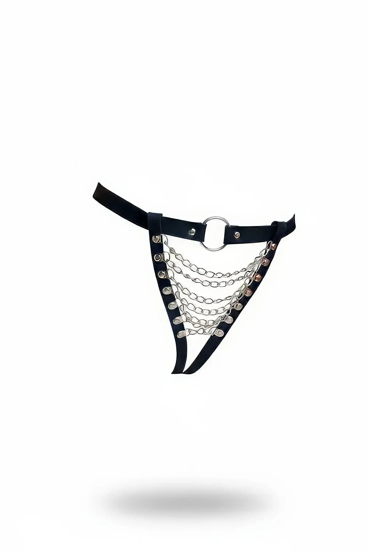 Black Thong - Panties with Faux Leather Chain Detail and Ring Accessory - APFT1278