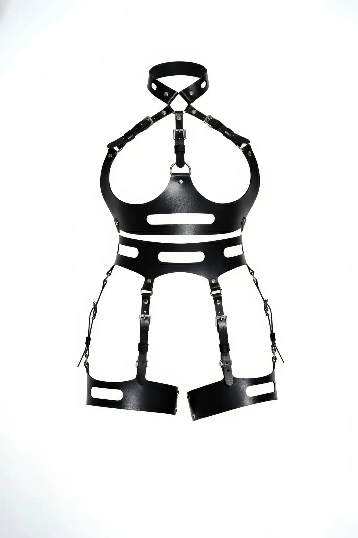 Black Garter Harness Leather Body Corset with Buckle - APFT1302