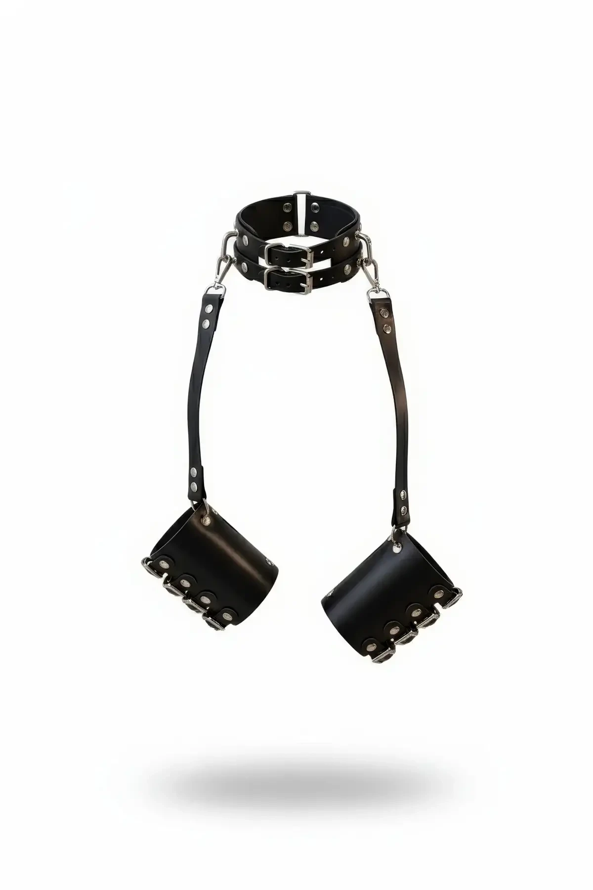Black Whip - Handcuffs Double Buckle Leather Neck Collar Wrist Handcuff Set - APFT1367