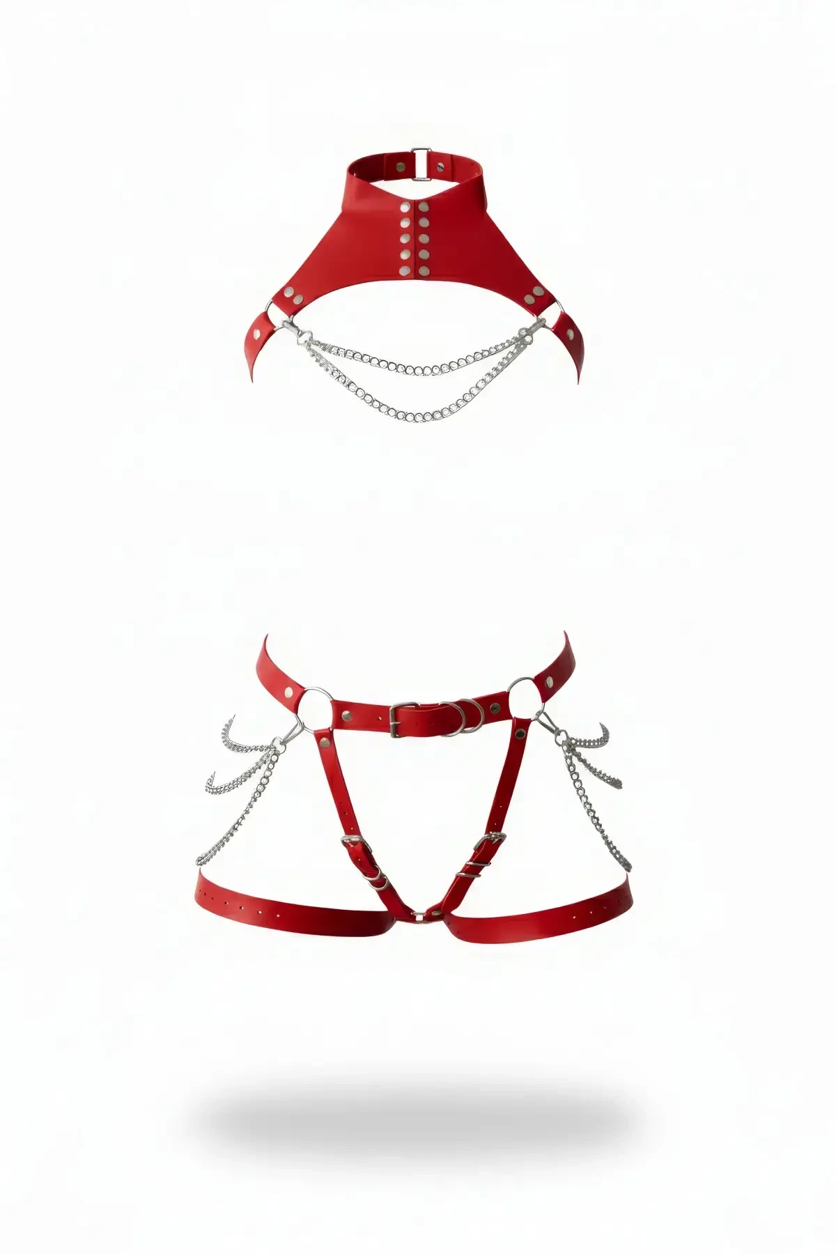 Red Garter Harness Chain Detailed Leather Bodysuit - APFT1369