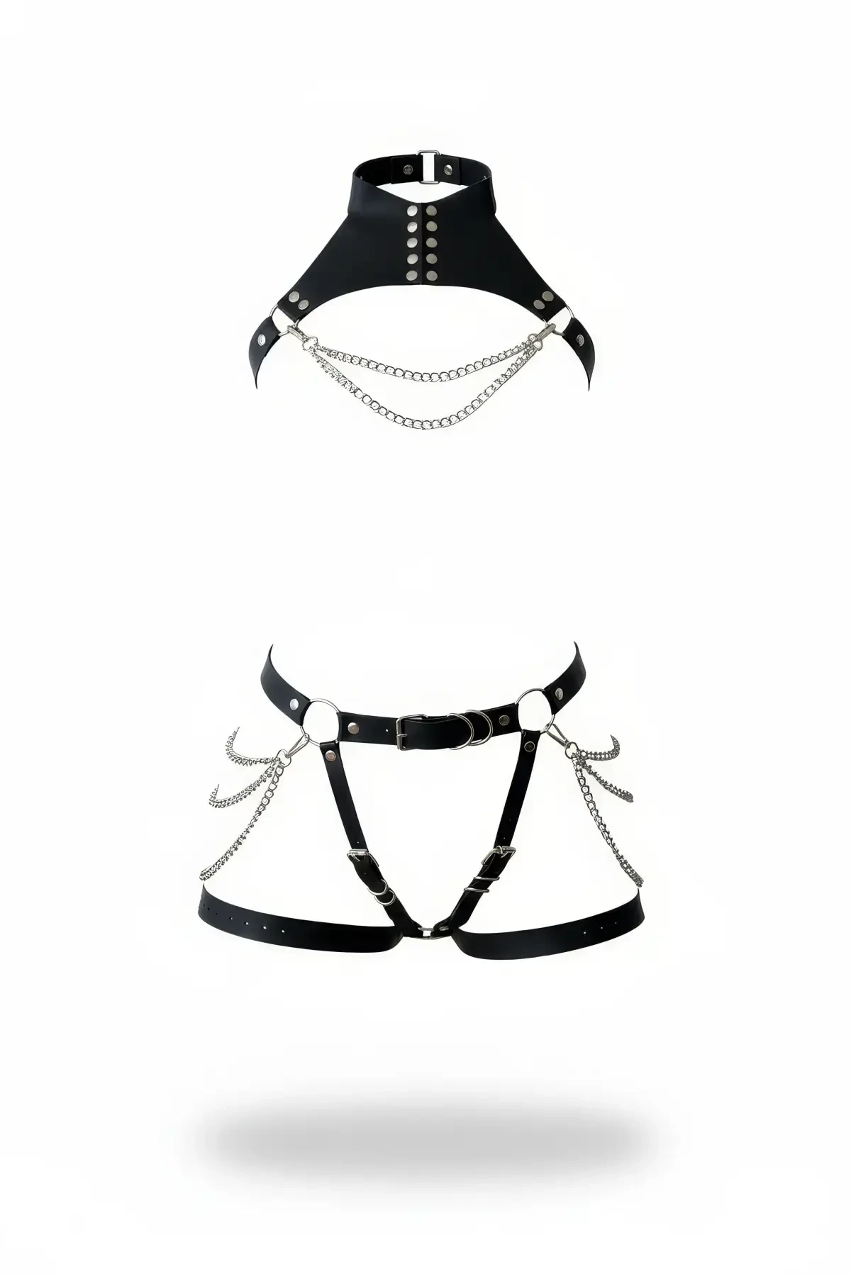 Black Garter Harness Chain Detailed Leather Double Suit - APFT1369