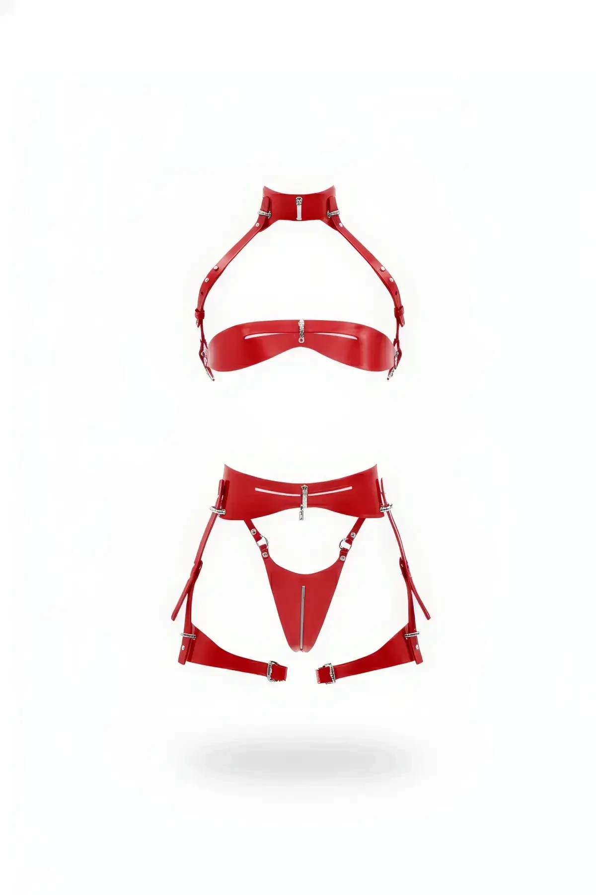 Red Garter Harness Shiny Leather Zipper Set - APFT1373