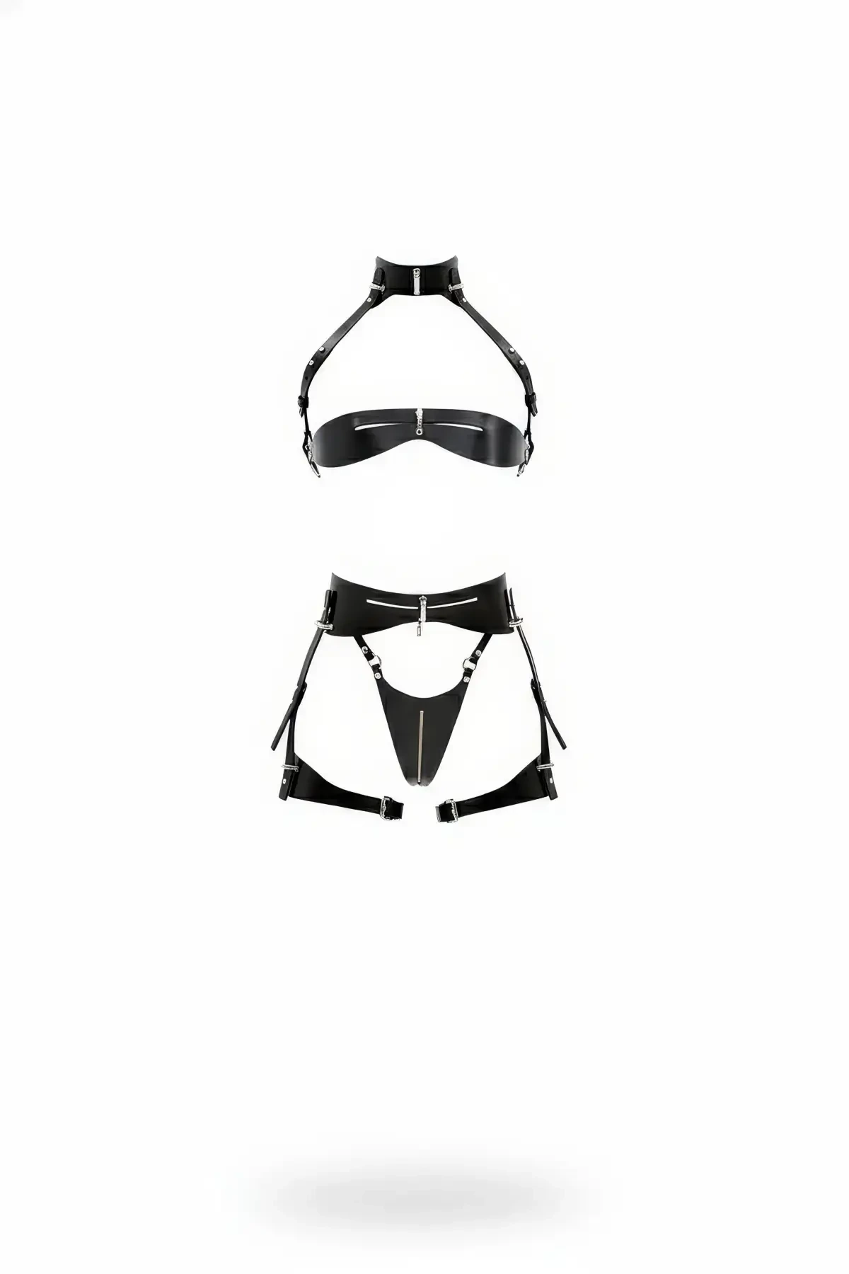 Black Garter Harness Faux Leather Zipper Detailed Bralette Set - APFT1373
