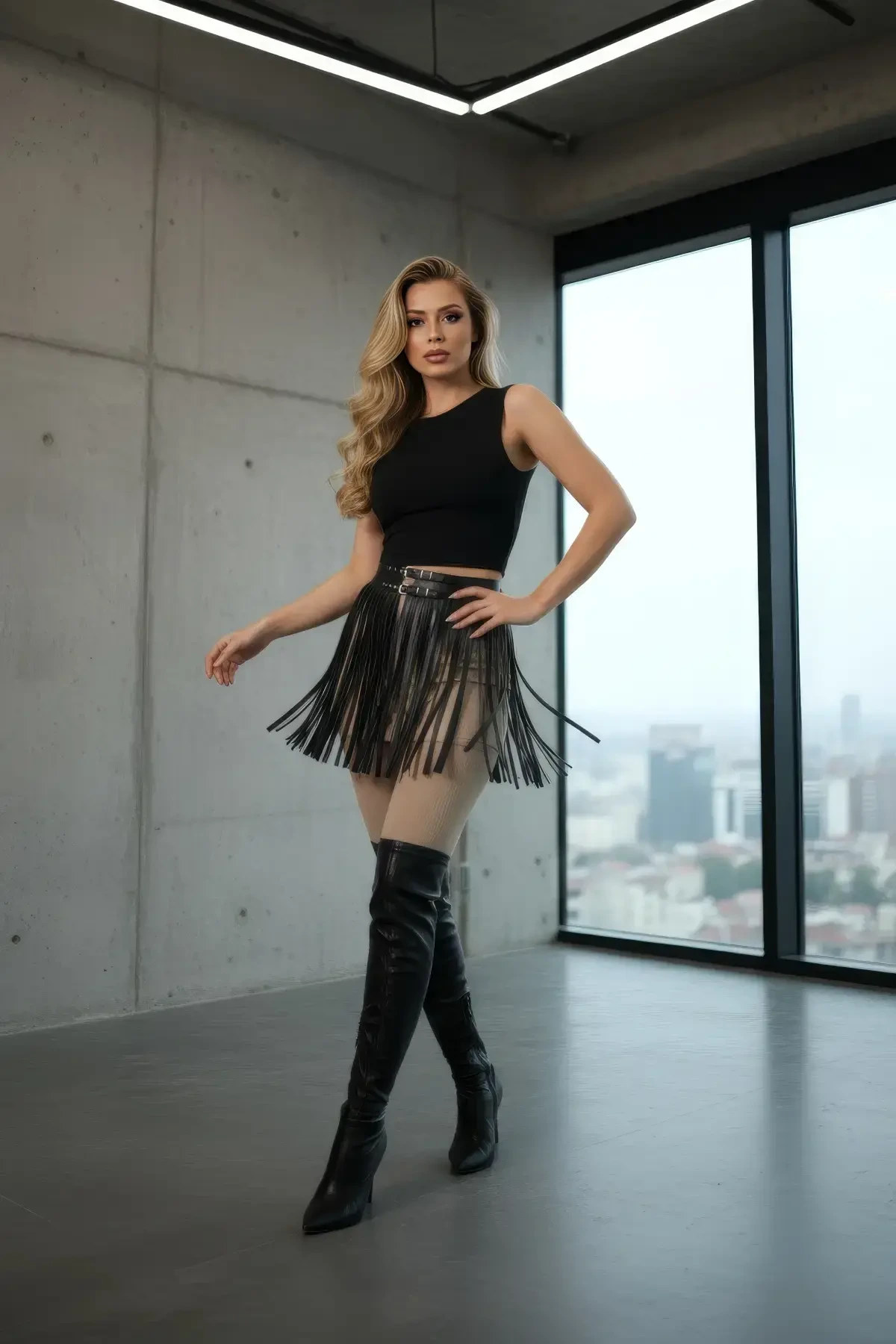 Black Skirt Faux Leather Skirt Tasseled Mini Skirt Length - APFT1400