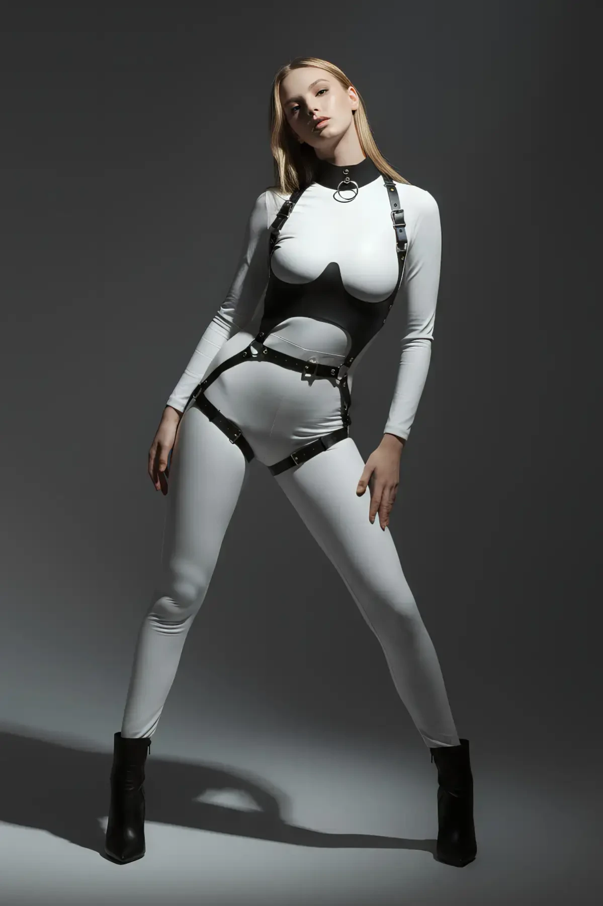 Black Chest Harness Body Corset with Leather Buckle - APFT1402