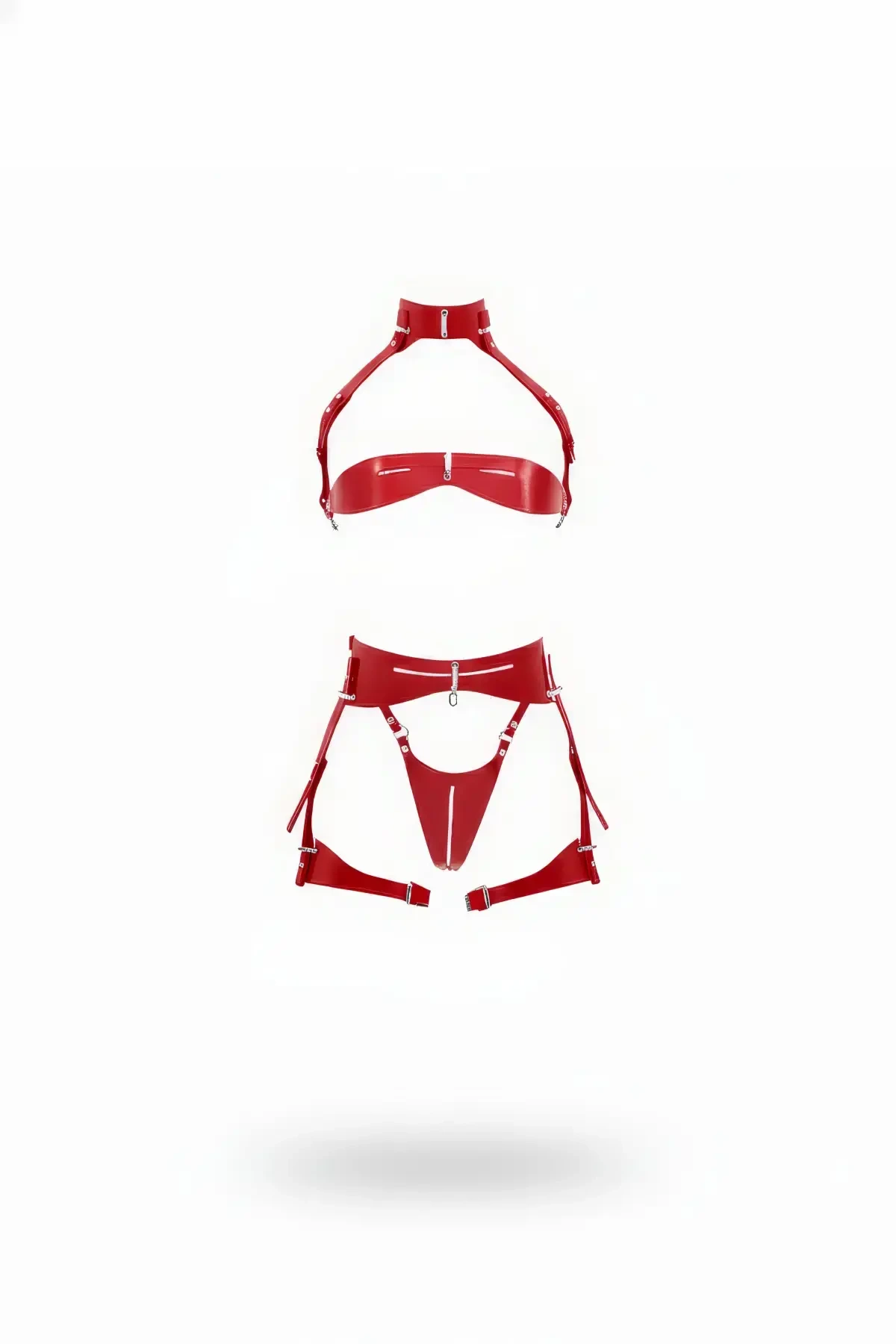 Red Chest Harness Body Suit with Shiny Leather Buckle - APFT1405