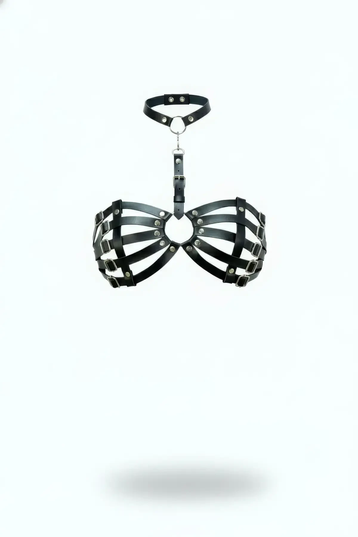 Black Chest Harness Collar Detailed Cage Structure Leather - APFT1408