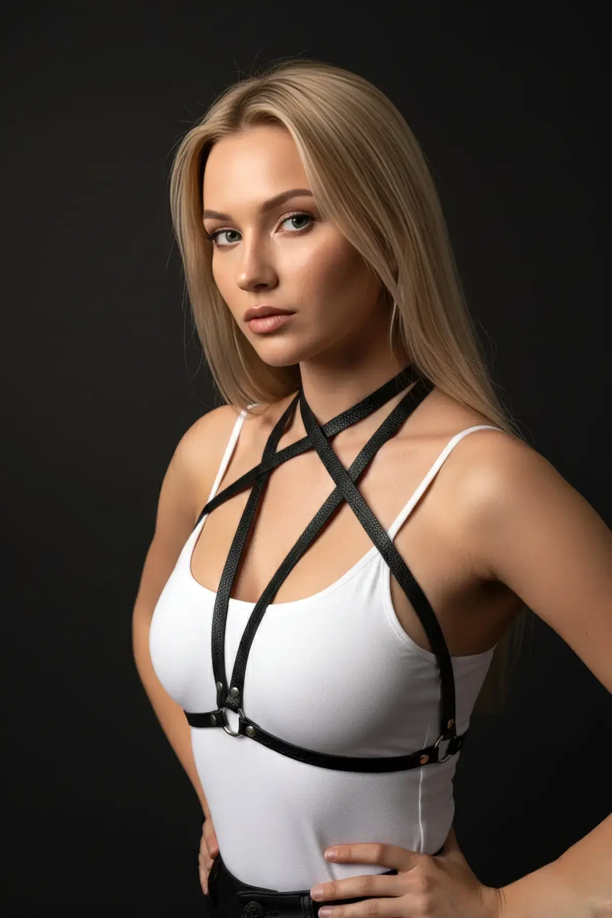 Siyah Kadın Kemer İnce Deri Şeritli Halka Detaylı Vücut Aksesuarı - APFT15