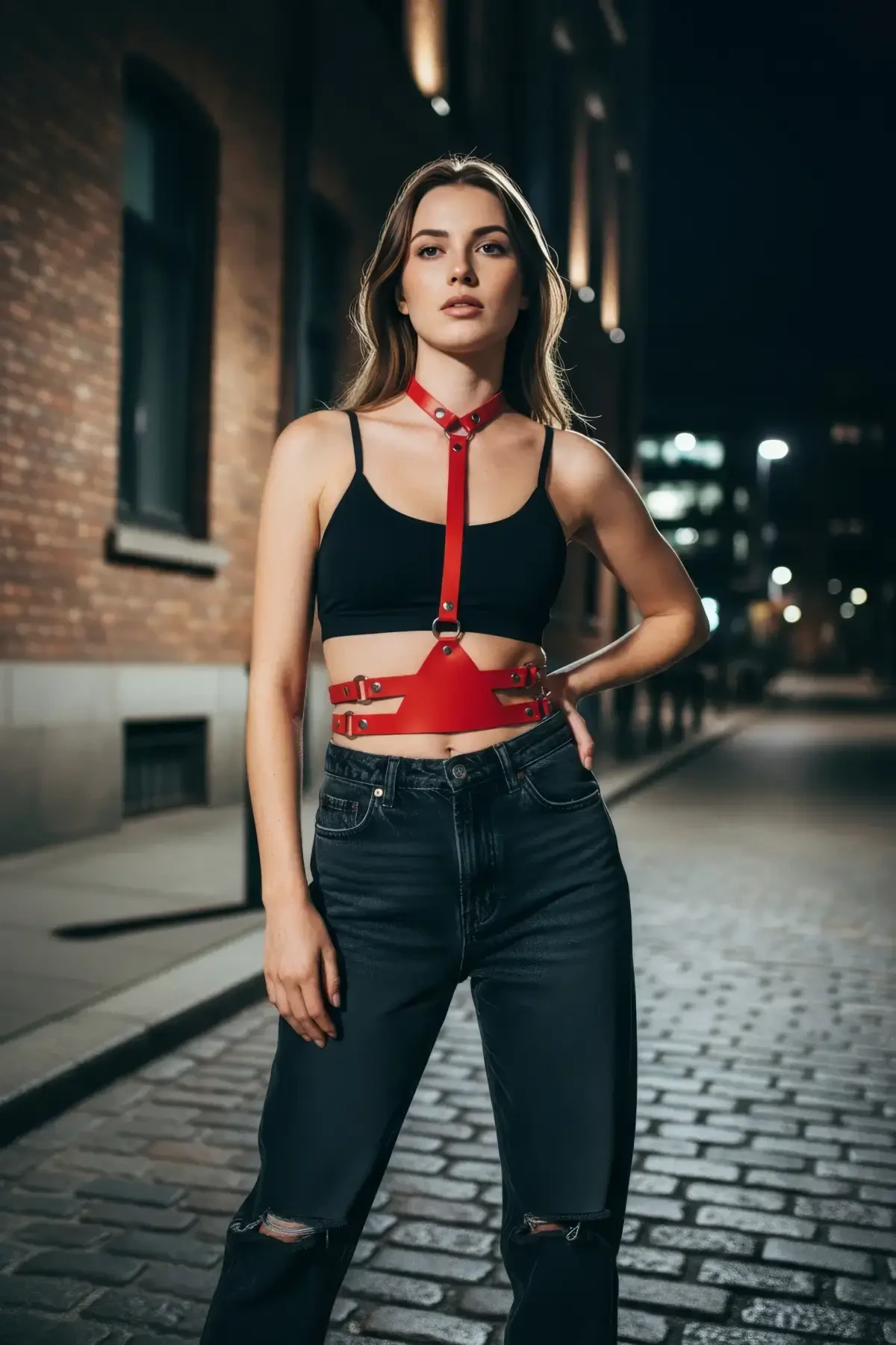 Kırmızı Kadın Kemer Deri Çoklu Tokalı Gövde Aksesuarı - APFT17