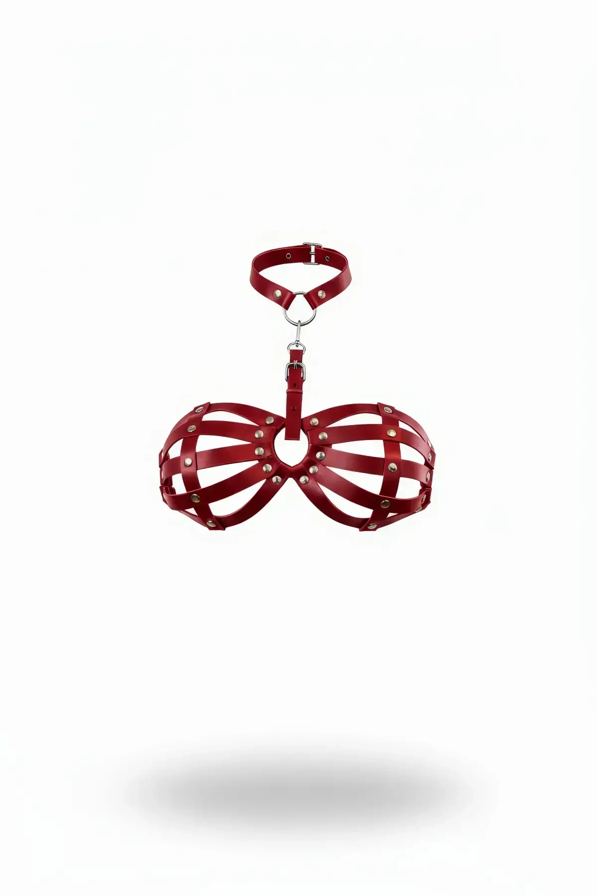 Red Chest Harness Leather Caged Staple Detailed Neck Collar - APFT224