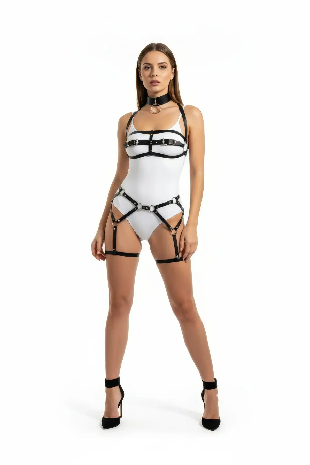 Siyah Harness Takım O Halka Detaylı Deri Vücut Aksesuarı - APFT242