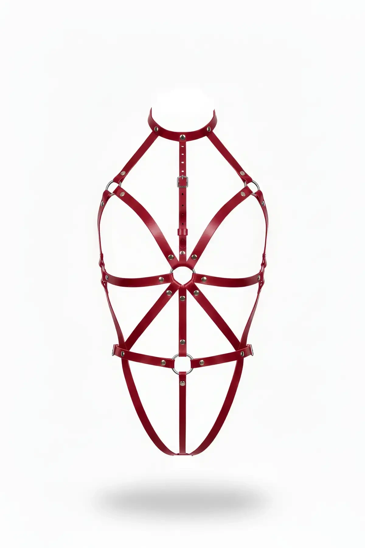 Burgundy Body Harness Leather High Collar Body Accessory with O-Ring - APFT243