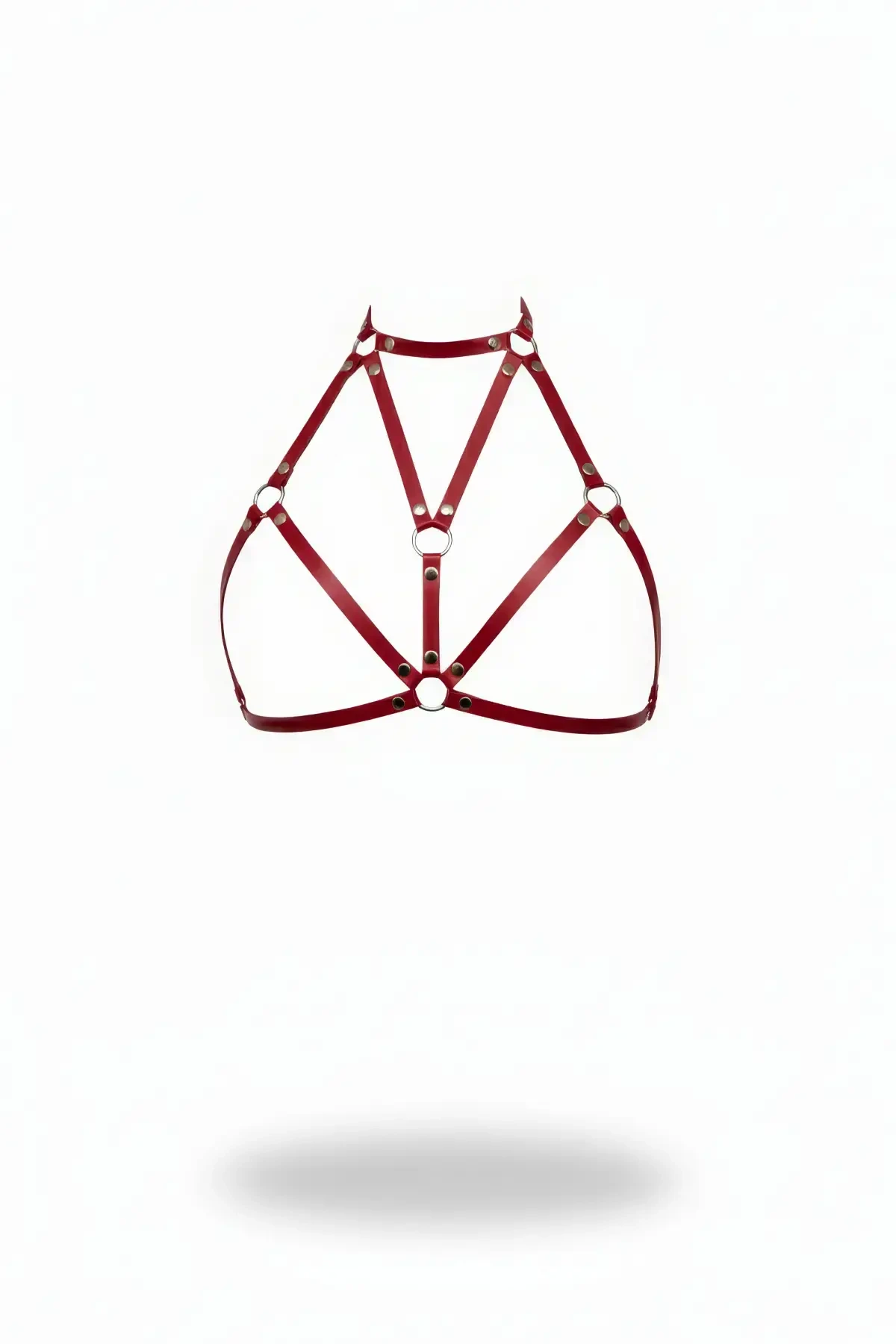 Burgundy Chest Harness Leather High Collar with Metal Ring Detail - APFT244