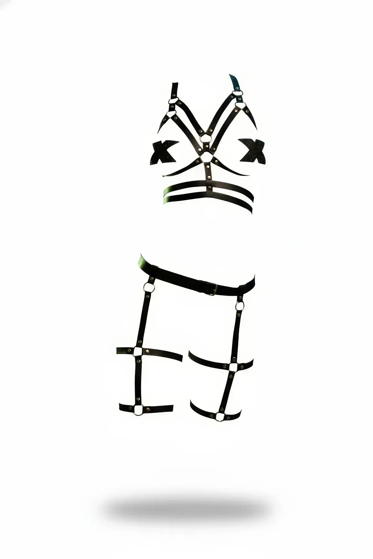 Black Harness Suit with Leather Body Garter and Metal Detail - APFT303