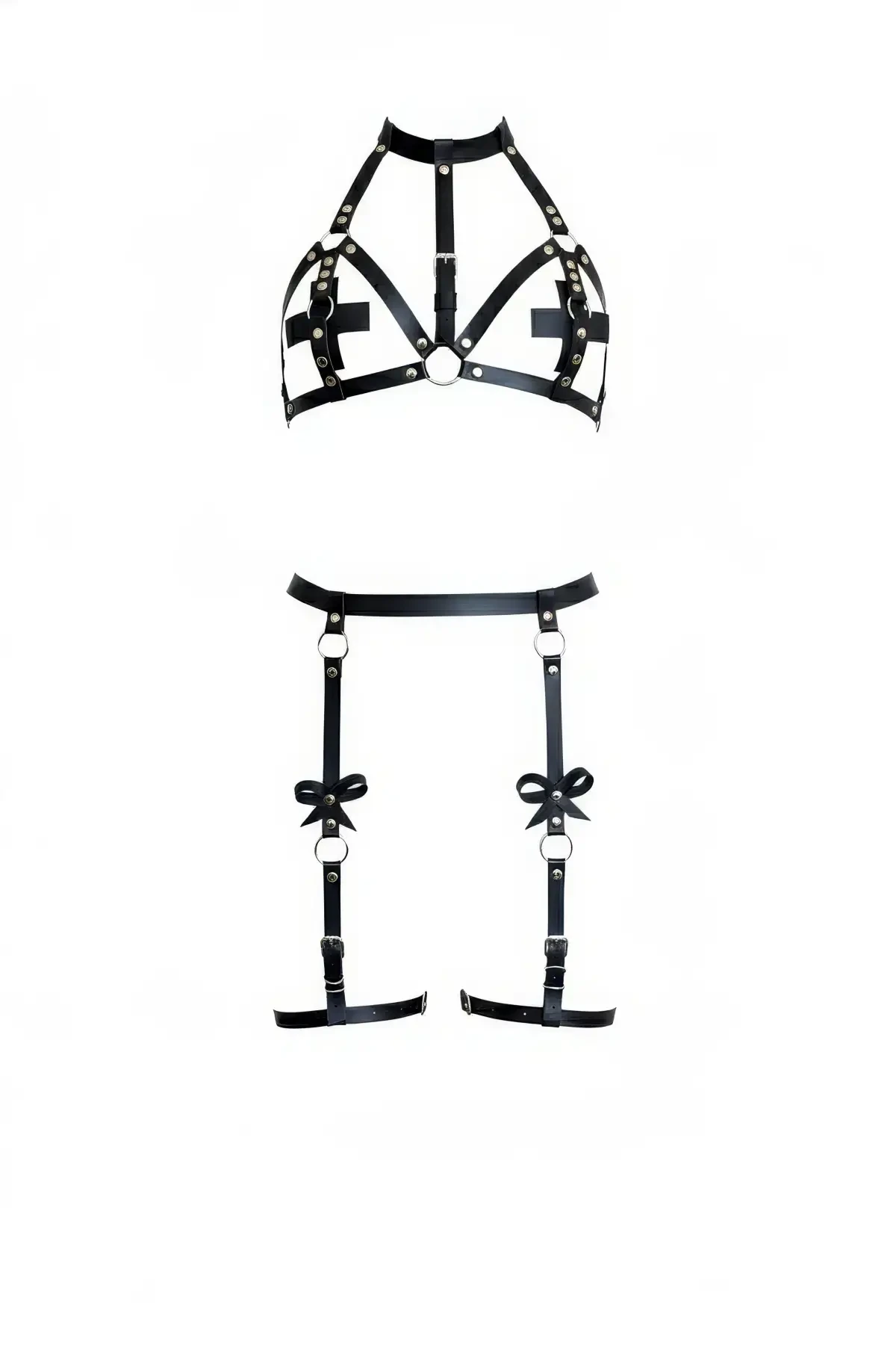 Black Suspender Harness Leather Neck Bow Detailed Suit - APFT310