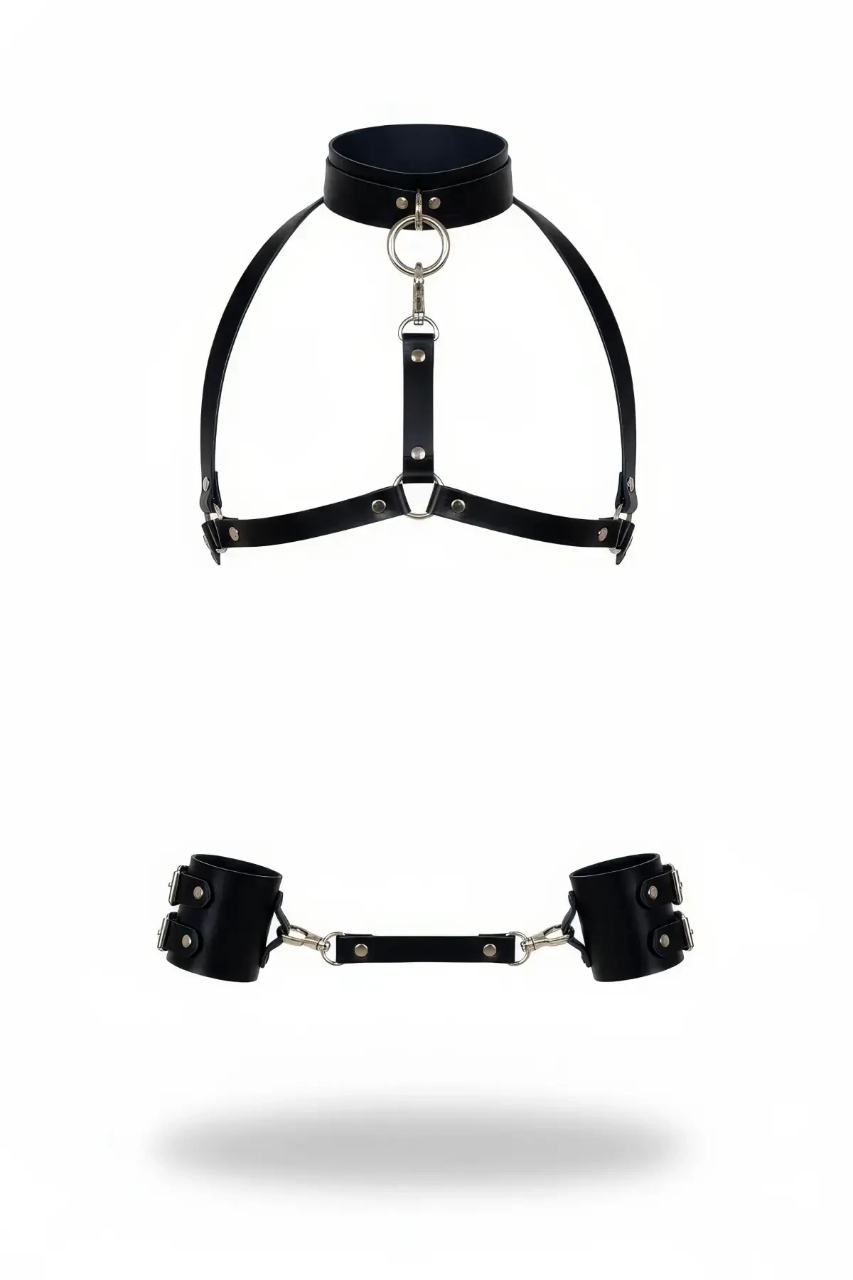 Black Whip - Handcuffs Leather Neck Collar and Wrist Handcuffs Set - APFT318