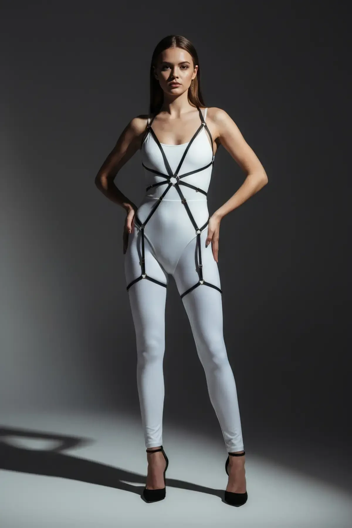 Siyah Kadın Body Harness Kafes Detaylı Tam Vücut Aksesuarı - APFT360