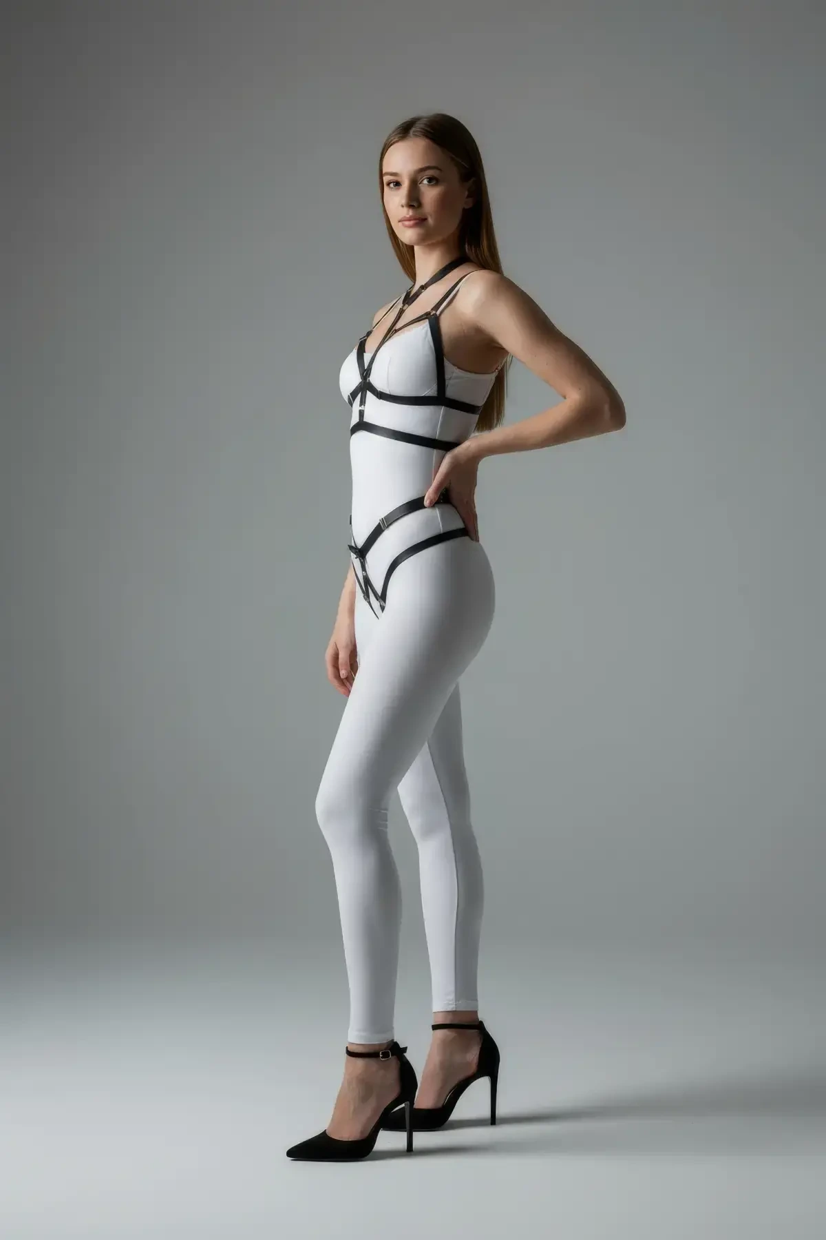 Black Harness Suit Black Leather Band Detailed Body Accessory - APFT362