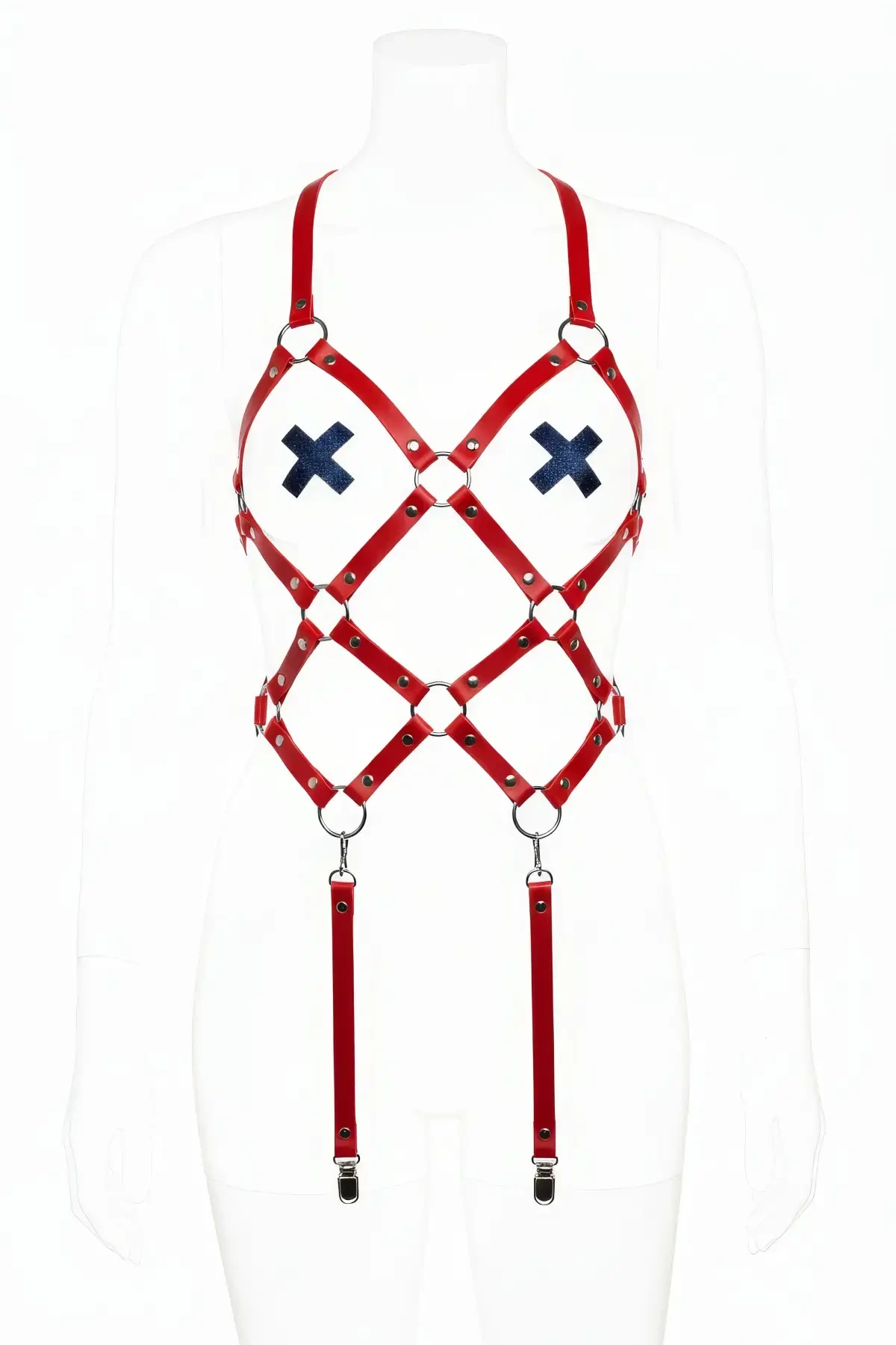 Red Body Harness Leather Cage Structure with Staple Detail - APFT368