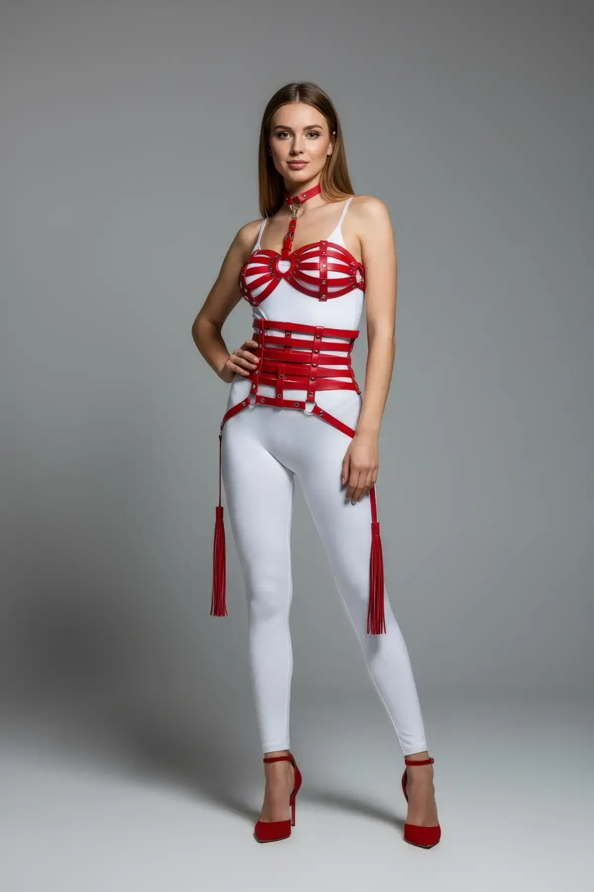 Red Harness Suit with Leather Corset Detail - APFT378