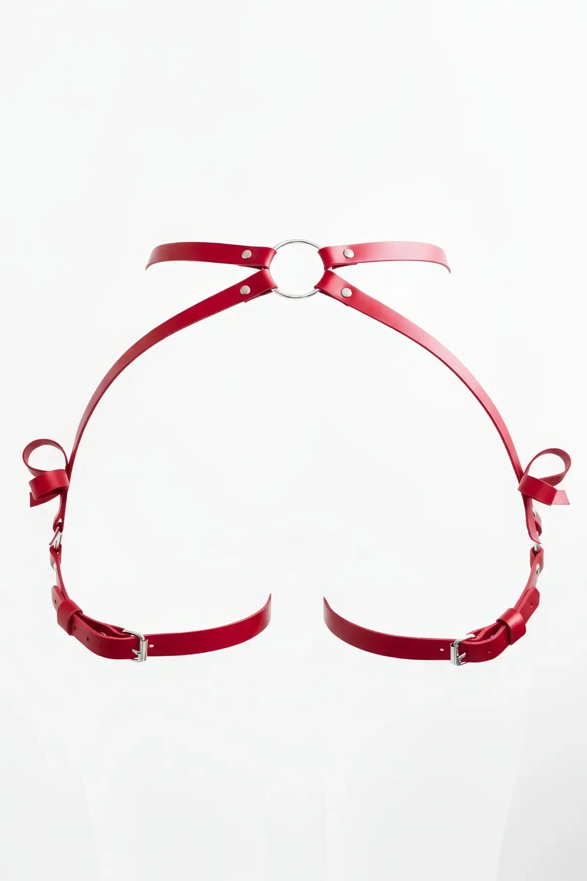 Red Thong - Panties with Faux Leather Ring Detail and Bow Decoration - APFT388