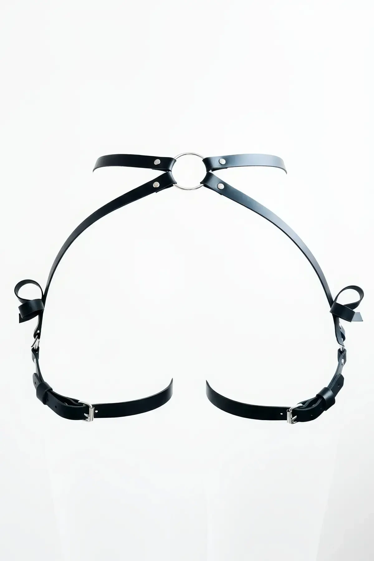 Black Thong - Panties Leather Ring Detailed Bow Tie - APFT388