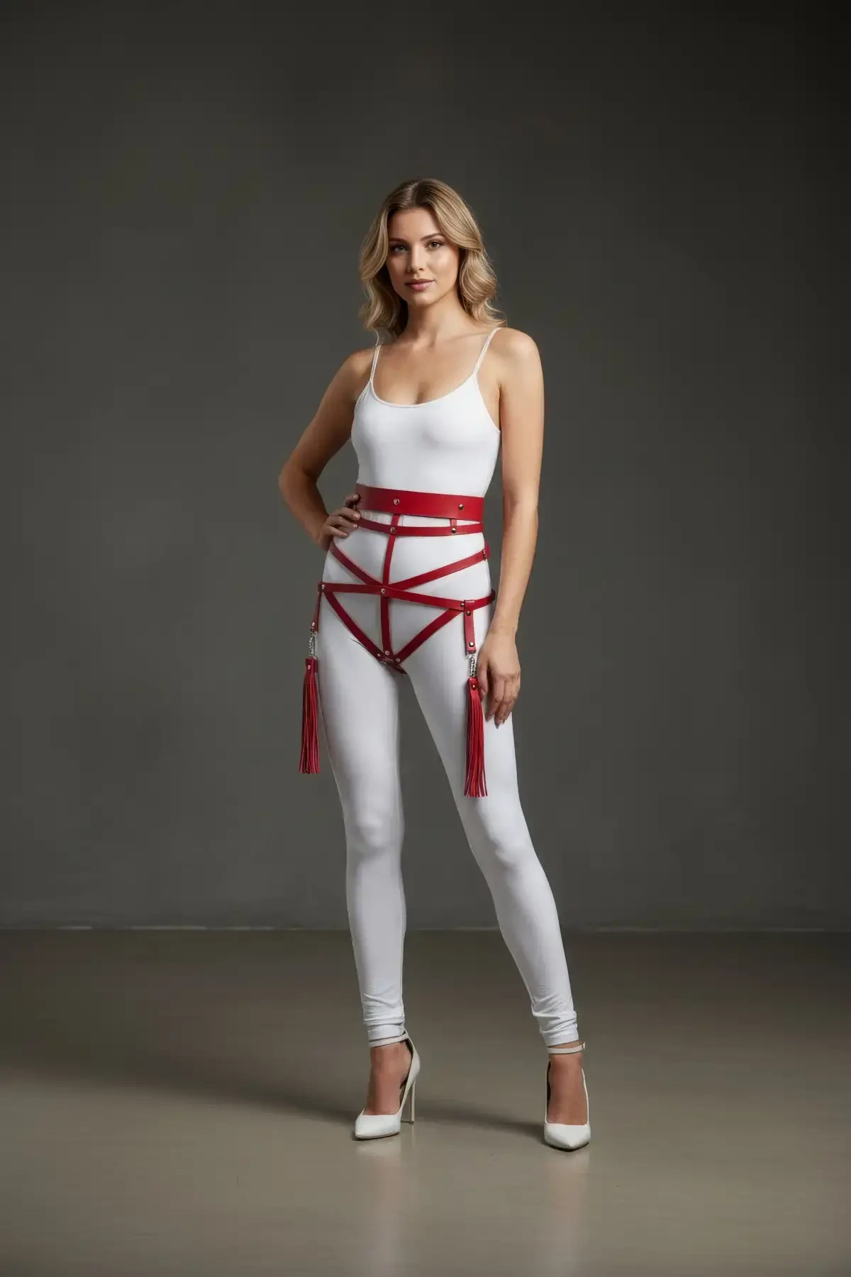 Kırmızı Kadın Kemer Çok Bantlı Püsküllü Vücut Kemer - APFT397