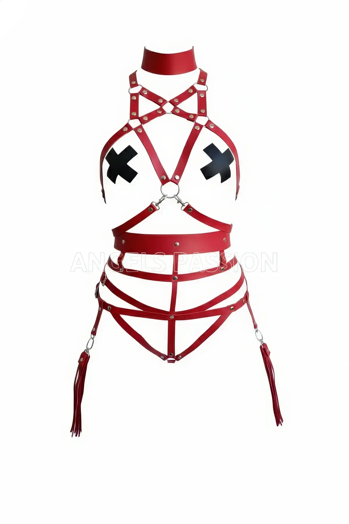 Red Harness Suit Neck Collar with Metal Detailed Body Belt Set - APFT402