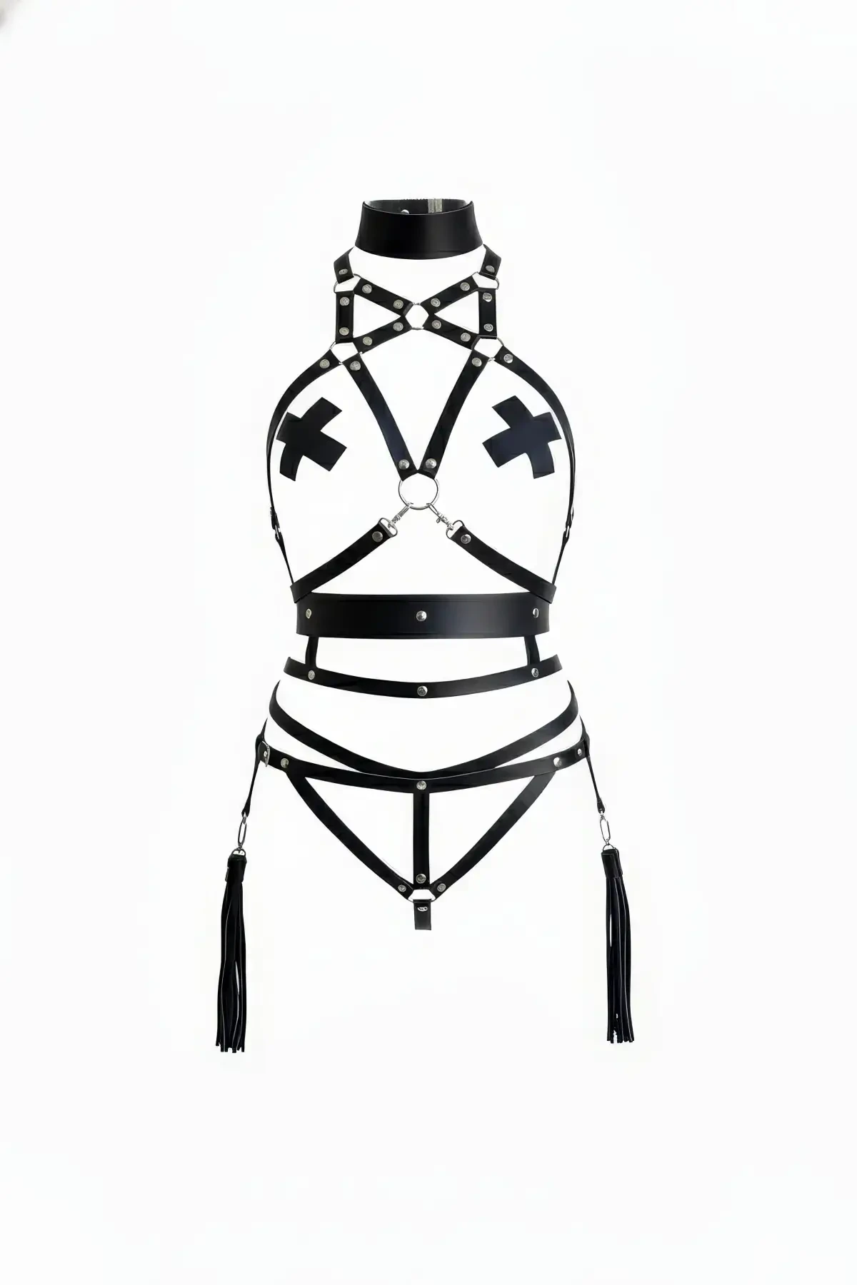 Black Harness Suit with Faux Leather Studded High Collar Detail - APFT402
