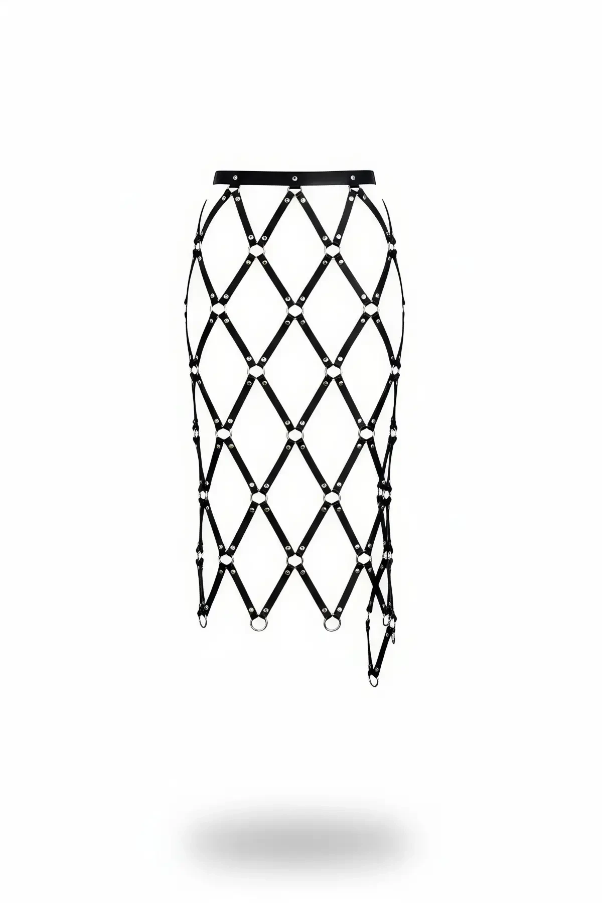 Black Skirt with Leather Strips and Metal Ring Detail - APFT410