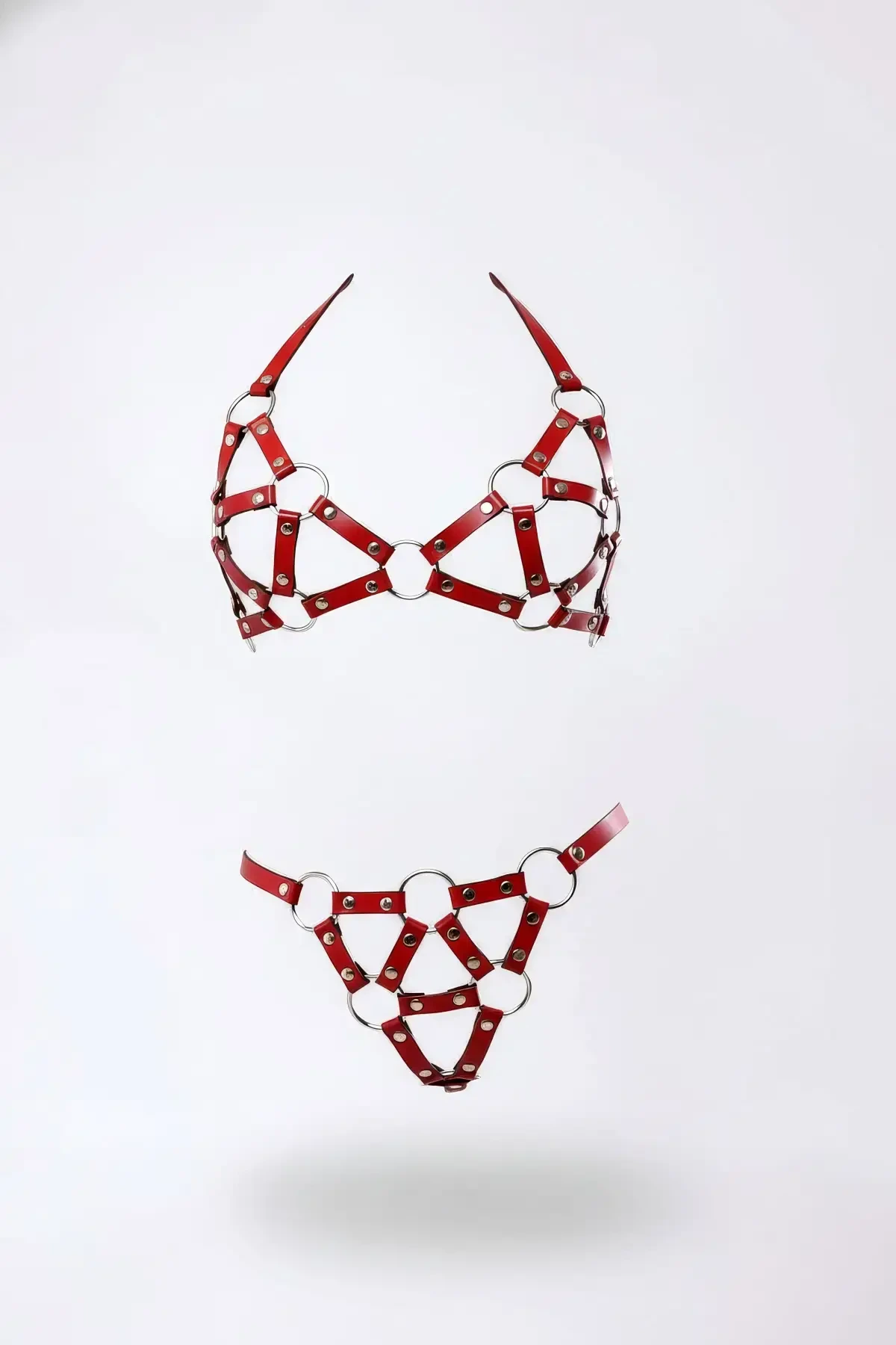 Red Harness Set with Leather Metal Ring Detail - APFT422